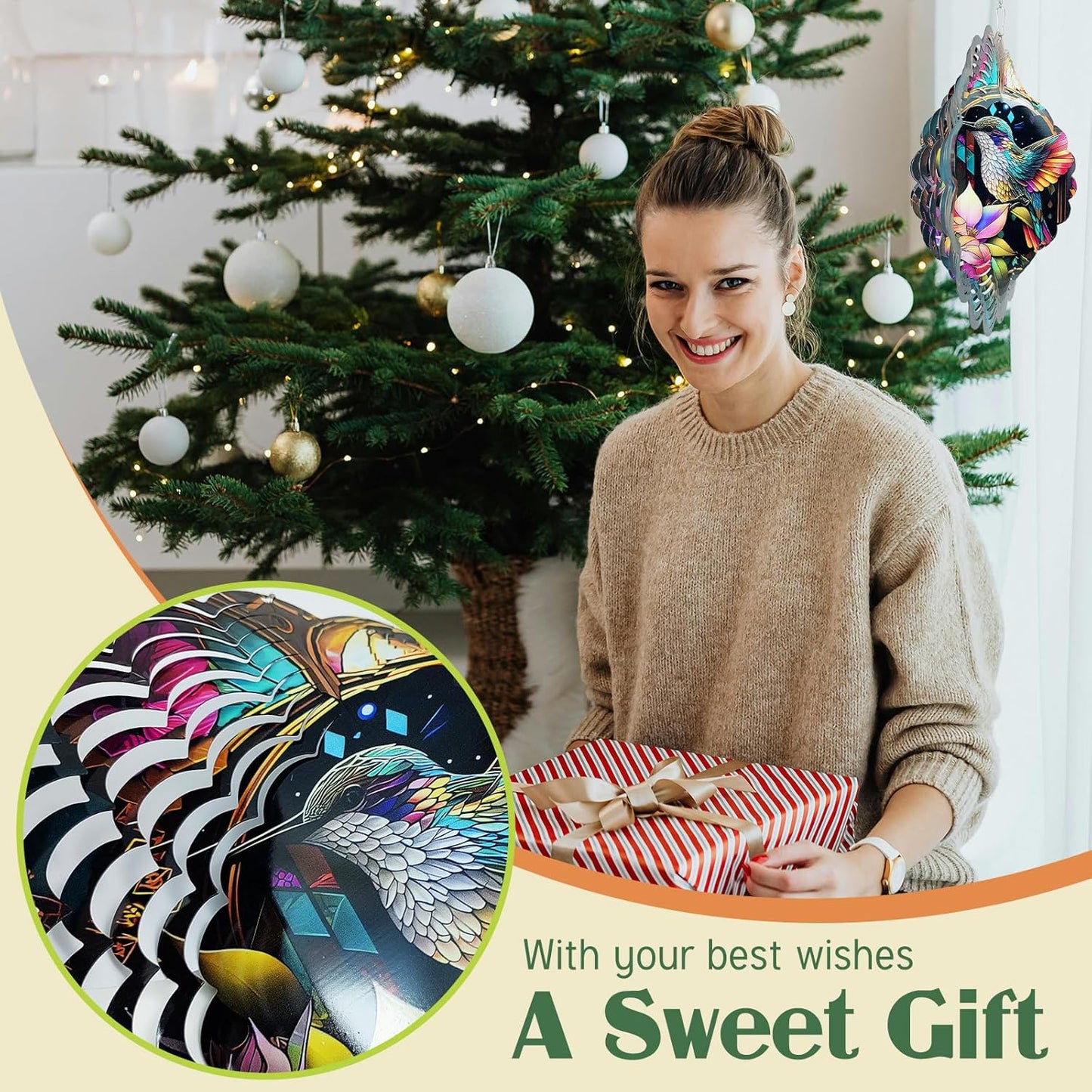 Wind Spinners Art Hummingbird 12 inch 3D Stainless Steel Laser Cut Metal Art Geometric Pattern Wind Sculpture Hanging for Yard Garden Decorations Outdoor