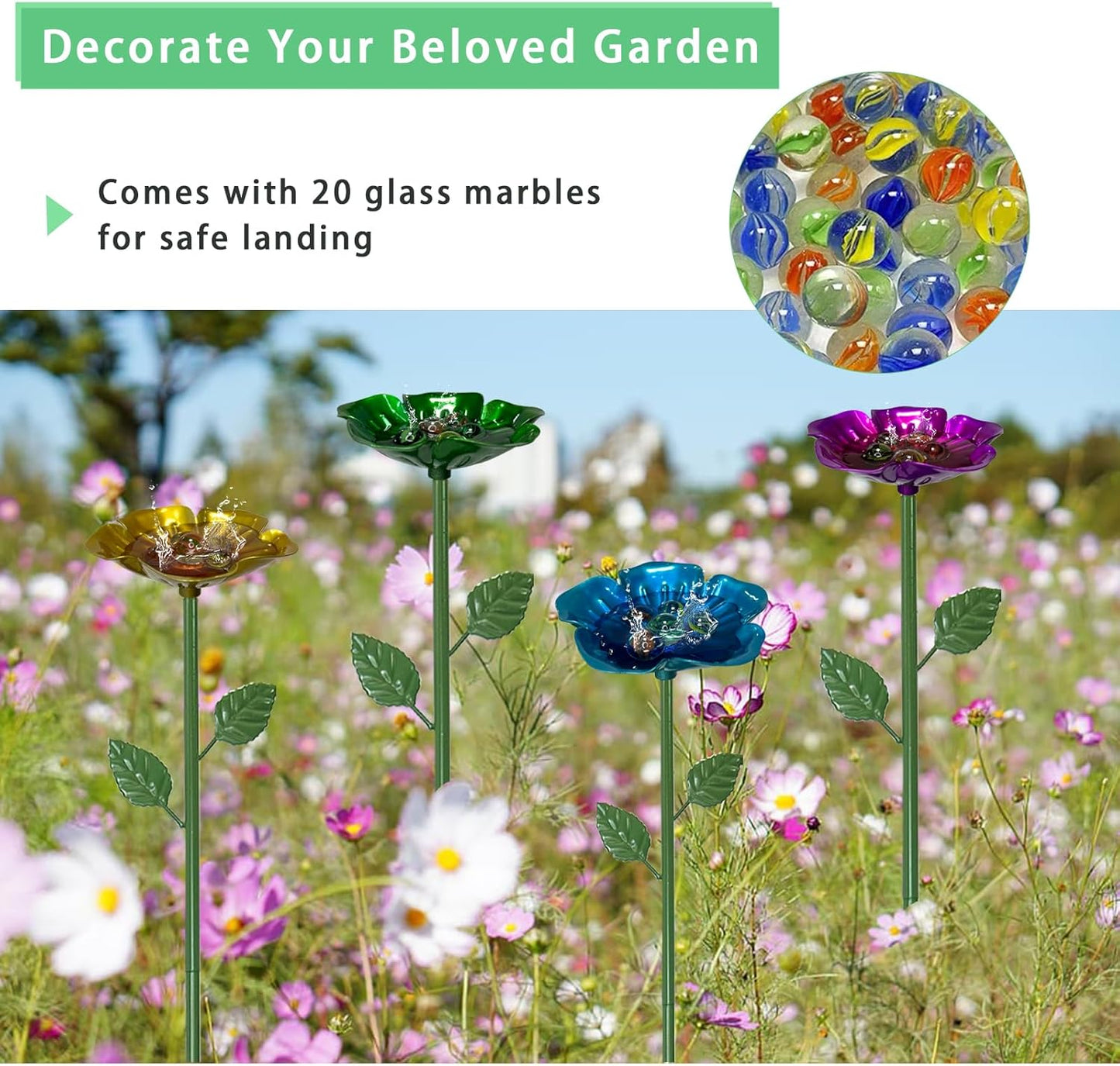 4 Packs Metal Bee Watering Station,Bee Water Feeder for Garden with 20 Marbles for Outdoor Decor,Decorative Water Feeder to Attract Pollinators(Red,Green,Blue,Yellow)