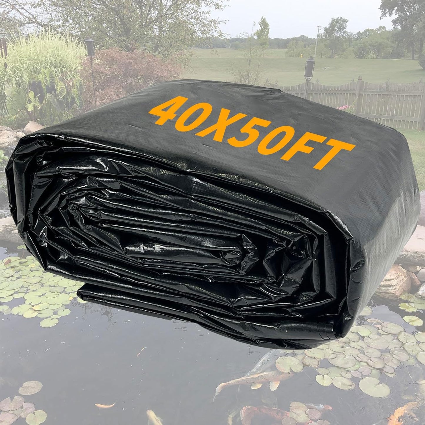 yeezoo 40X50FT Reinforced Large PE Pond Liner, KOI Pond Liners for Outdoor Ponds, Enhanced 5-Layer Structure Pond Liner for Fish, Duck, Garden Raised Bed and Waterscape Pond(0.82oz/sq ft Thickness)