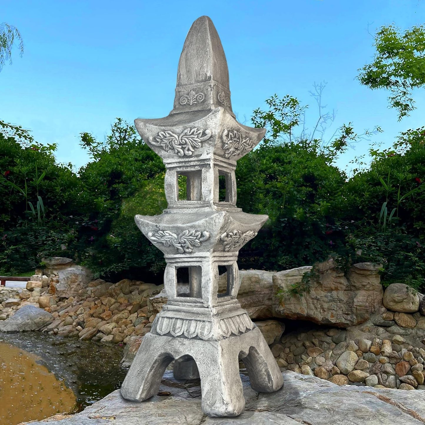 35.5’’High Asian Zen Pagoda Magnesium Oxide Tall Lantern Statue Outdoor Sculpture for Garden Backyard Decor Pagoda Statue Miniature Tower Lantern Landscape Garden Decoration