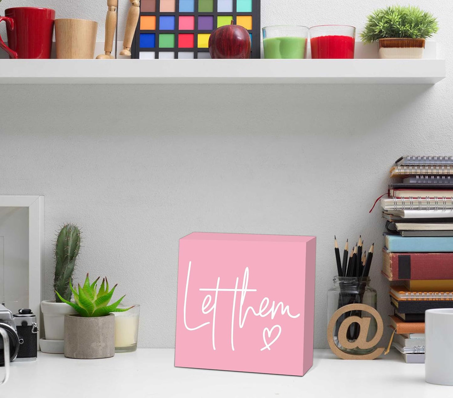 Let Them Wooden Sign, Pink Office Decorations for Work, Let Them Mental Health Rustic Wood Box Signs 5x5 Inch, Desk Shelf Tabletop Decor for Home Cubicle Decor, Office Gifts for Coworkers Women, 20