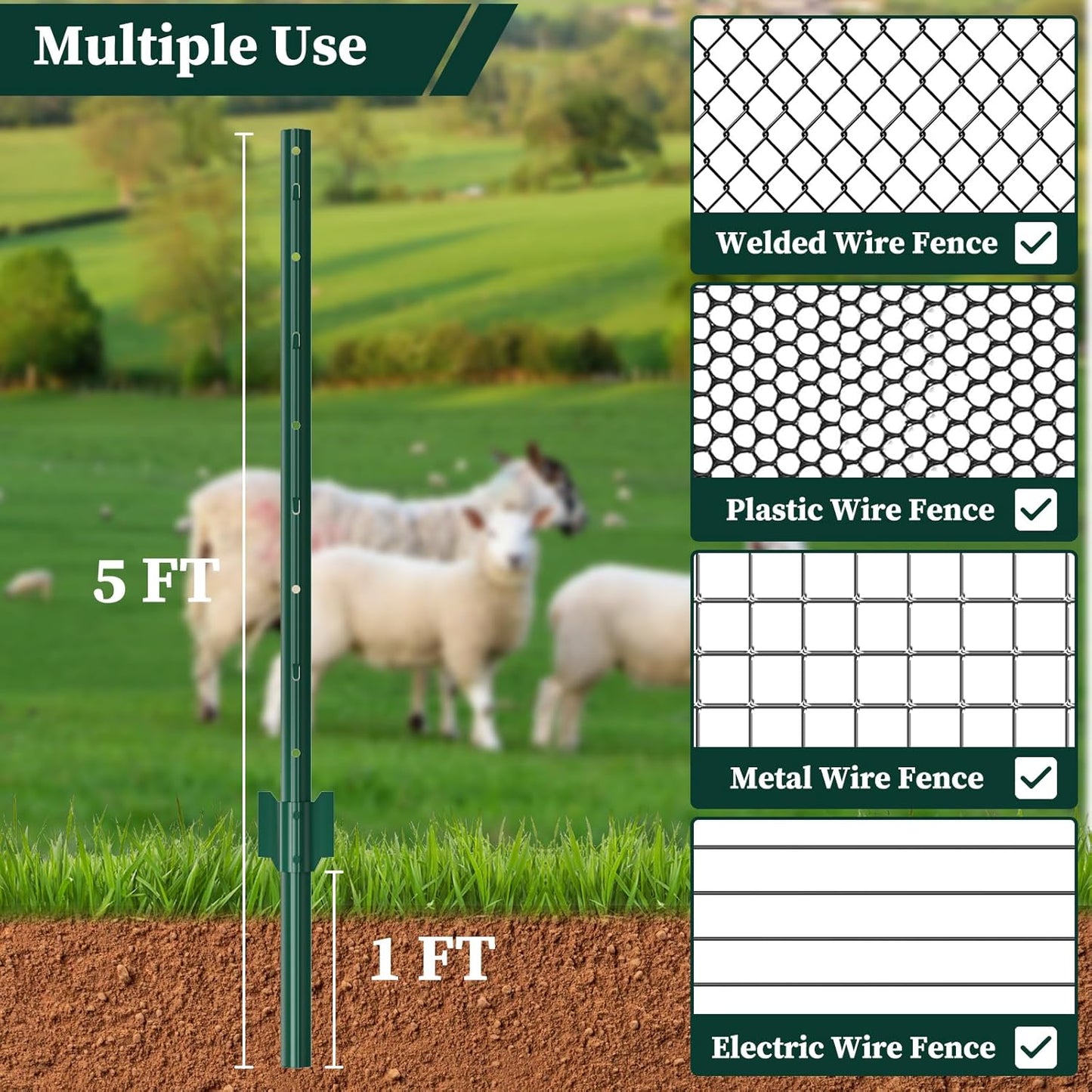 10 Pack Garden Fence Post, 5 Feet Heavy Duty Metal U-Post for Wire Fence, No Dig Garden Fence Stakes for Temporary Fencing, Electric Fence Wire, Corner Anchor, and More-Green