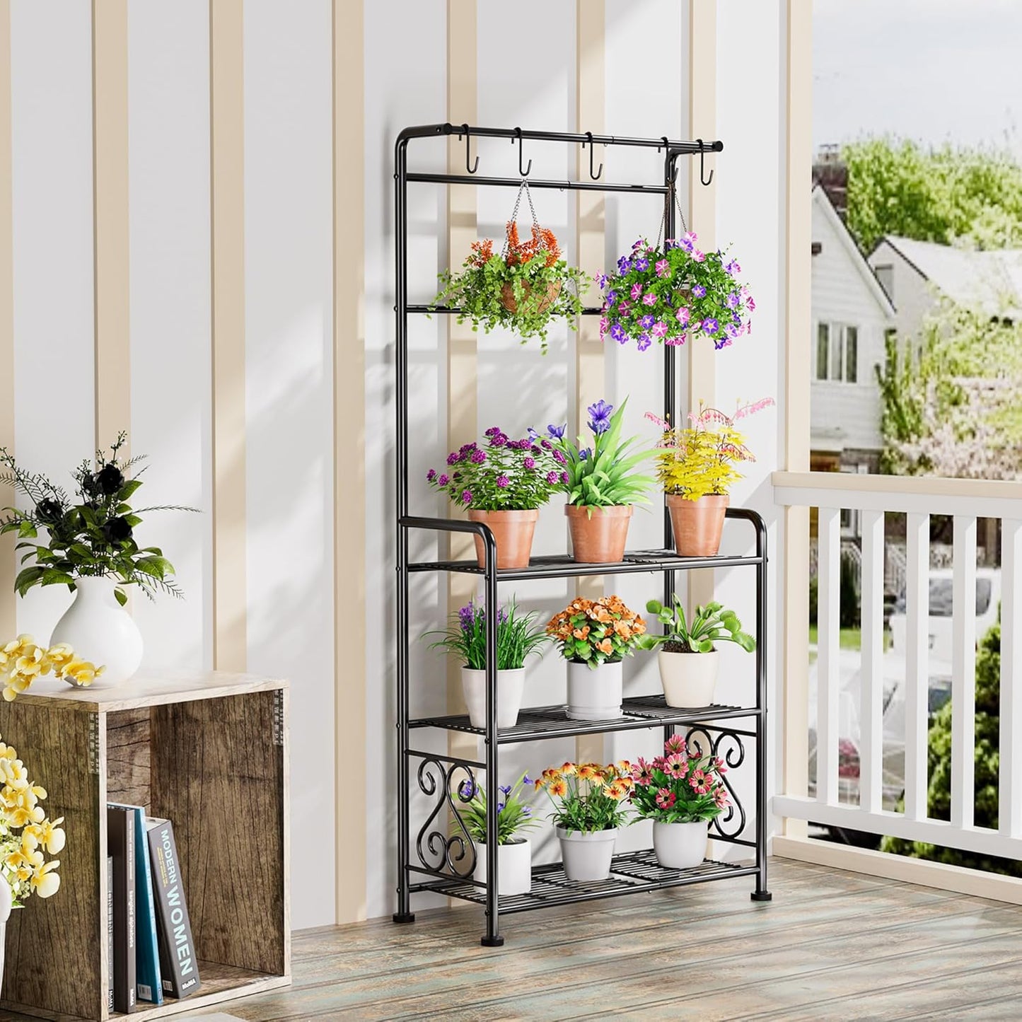 Plant Stand Indoor Outdoor Heavy Duty Metal - 56.4" Tall 3-Tier Shelf for Multiple Plants, Flowers, Rustproof Black Storage Rack for Patio, Balcony, Living Room, Garden, Includes Hooks&Adjustable Feet