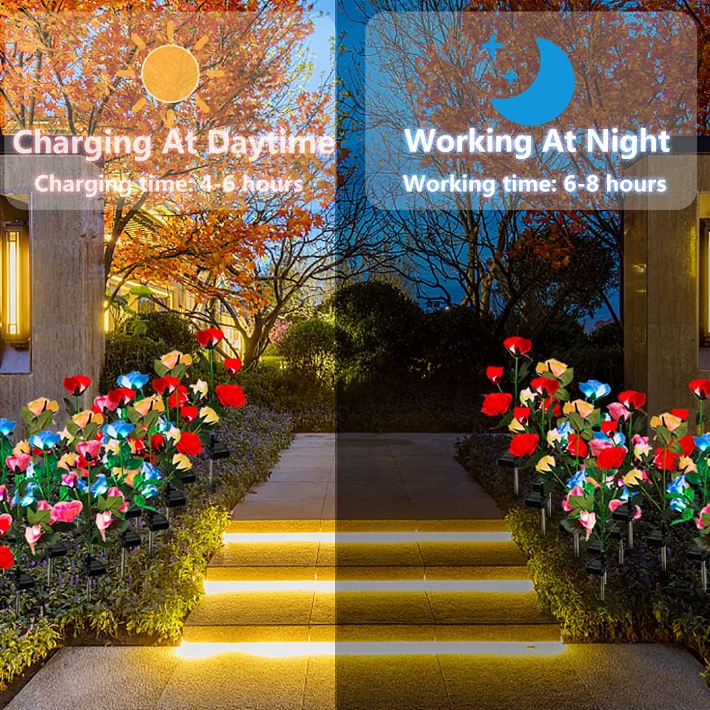 Solar Garden Decor Outdoor Lights, 4 Pack Waterproof Garden Lights for Outside, 16 Solar Rose, Multi-Color Changing Solar Flower Decor for Yard, Patio, Gifts for Women (7-Color Rose)