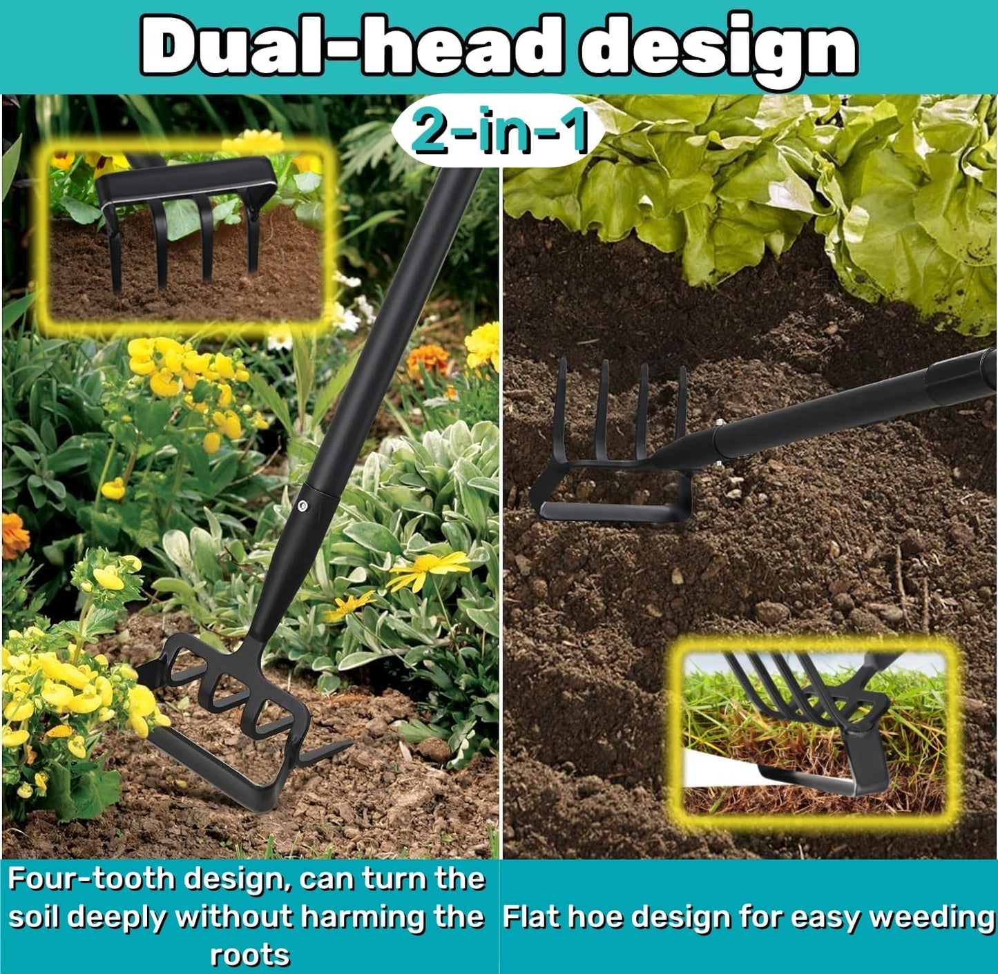 Upgraded Hula Hoe and Garden Hoe, Stirrup Hoe with Adjustable Handle for Weeding Digger loosening Soil Metal Garden Cultivator Hula Hoe with Rake Tiller Cultivator (30-62 Inch)