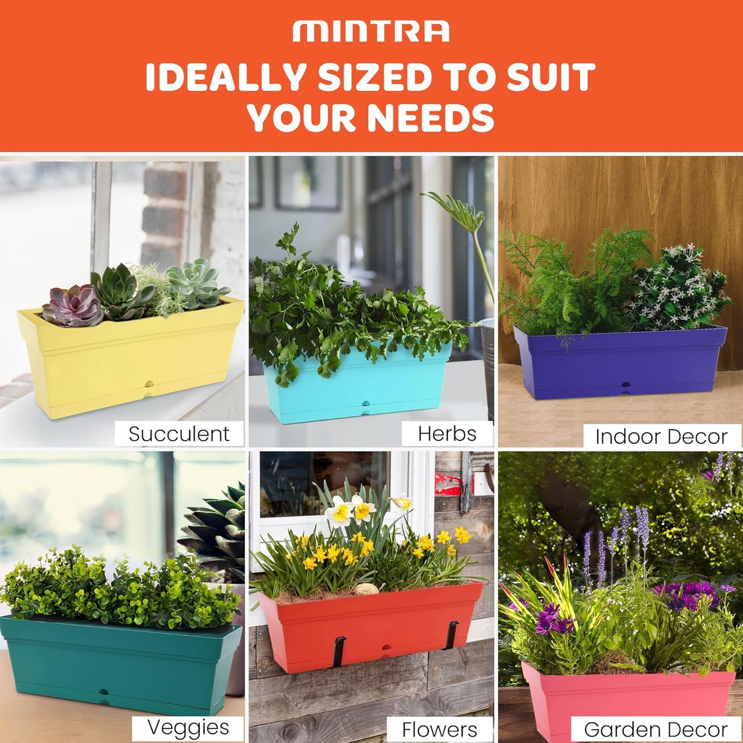 Mintra Window Box Planter, Window Planter Box for Indoor Outdoor Use, Rectangular Pots with Saucers & Drainage Holes, Decorative Plant Pots for Window Sill, Shelf, Desktop, 19" Wx6.75 H, Light Green