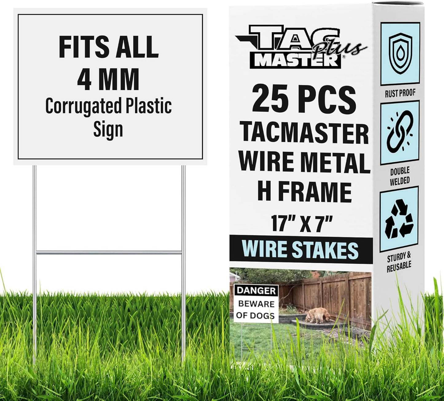 Tacmaster Wire Metal Yard and Sign H Stakes – Durable Blank Lawn Sign Posts for 4mm Corrugated Panels, Real Estate Signs, Waterproof and Wind Resistant, Ideal for Outdoor Use, 17"x7" – 25 Pack