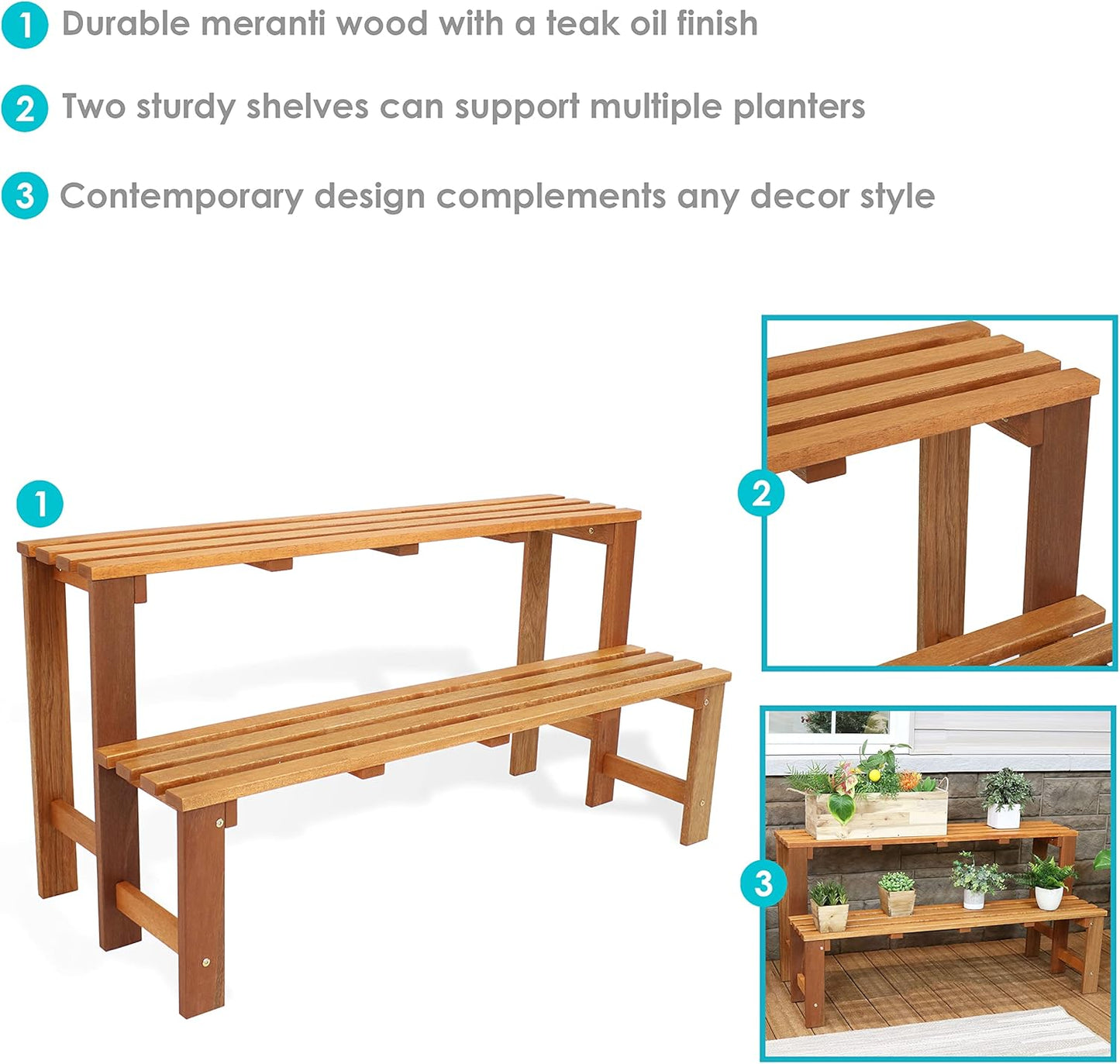 Sunnydaze 2-Tier Meranti Outdoor Wood Plant Stand - Indoor Plant Bench with Teak Oil Finish - 24-Inch