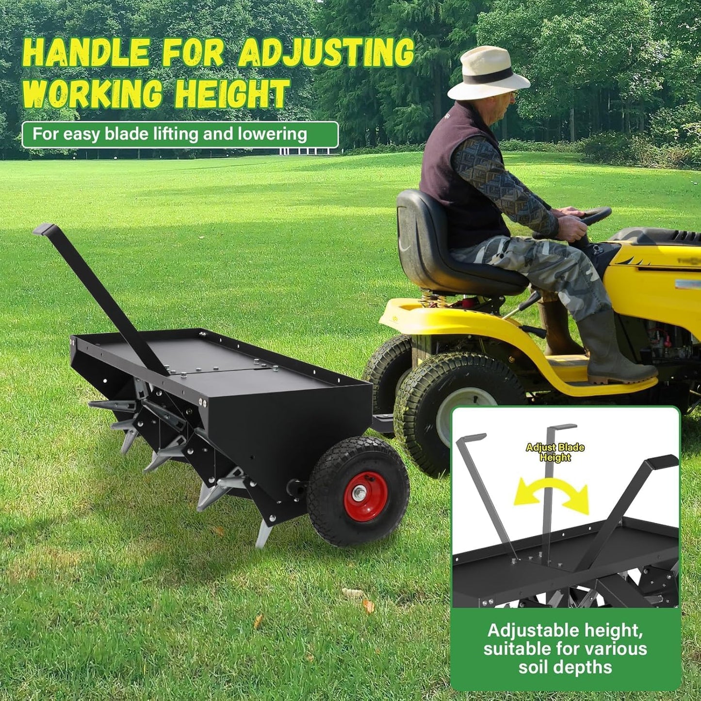 Doniks 48-Inch Tow Behind Lawn Plug Aerator with Universal Hitch, Lawn Aerator Tow Behind with 30 Galvanised Steel Tines,Tray and Inflatable Wheels for Gardens, Lawns, Farms