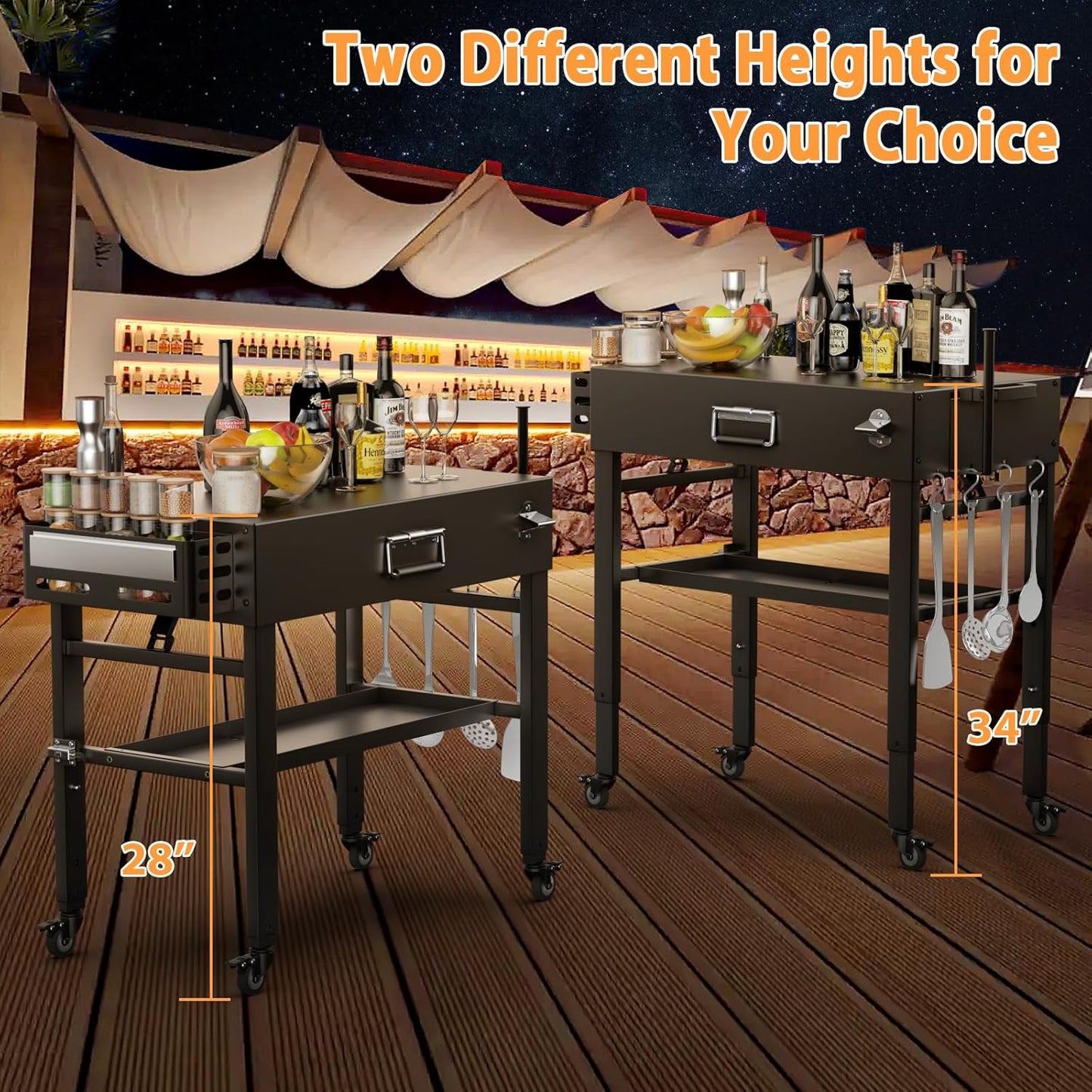 28" and 34" Upgrade Height & Quick-Fold Portable Grill Cart for Ninja Woodfire (OG700 Series), MO201 OO101 Pizza Oven, Blackstone 17"/22" Griddle – Outdoor Ninja Grill Stand with 4 Swivel Wheels