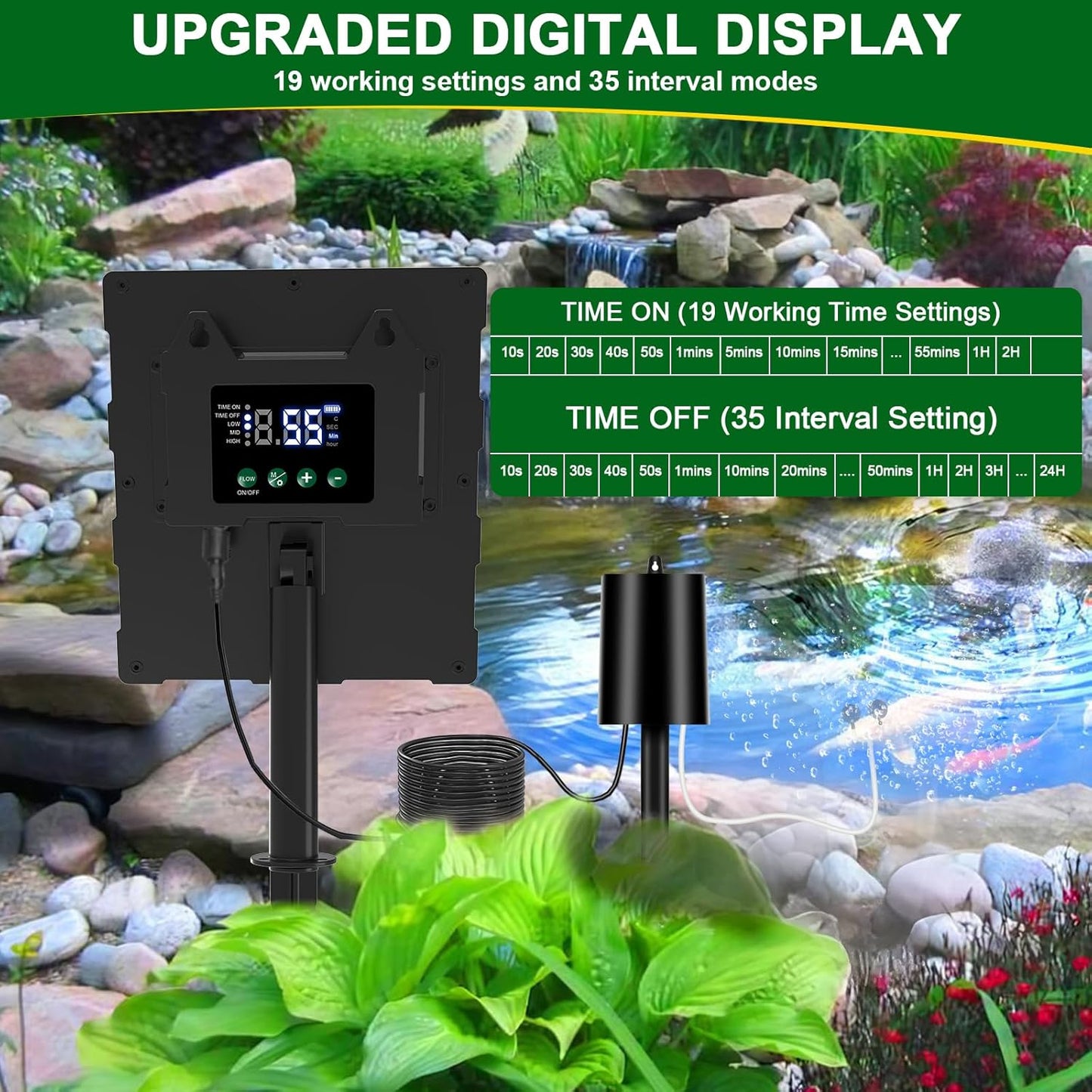 Upgraded Digital Display Solar Pond Aerator, 3 Working Modes(Low/Med/High) Solar Aerator for Outdoor Ponds with Timing Function, Solar Air Pump with Bubble Regulator for Small Ponds, Fish Tanks