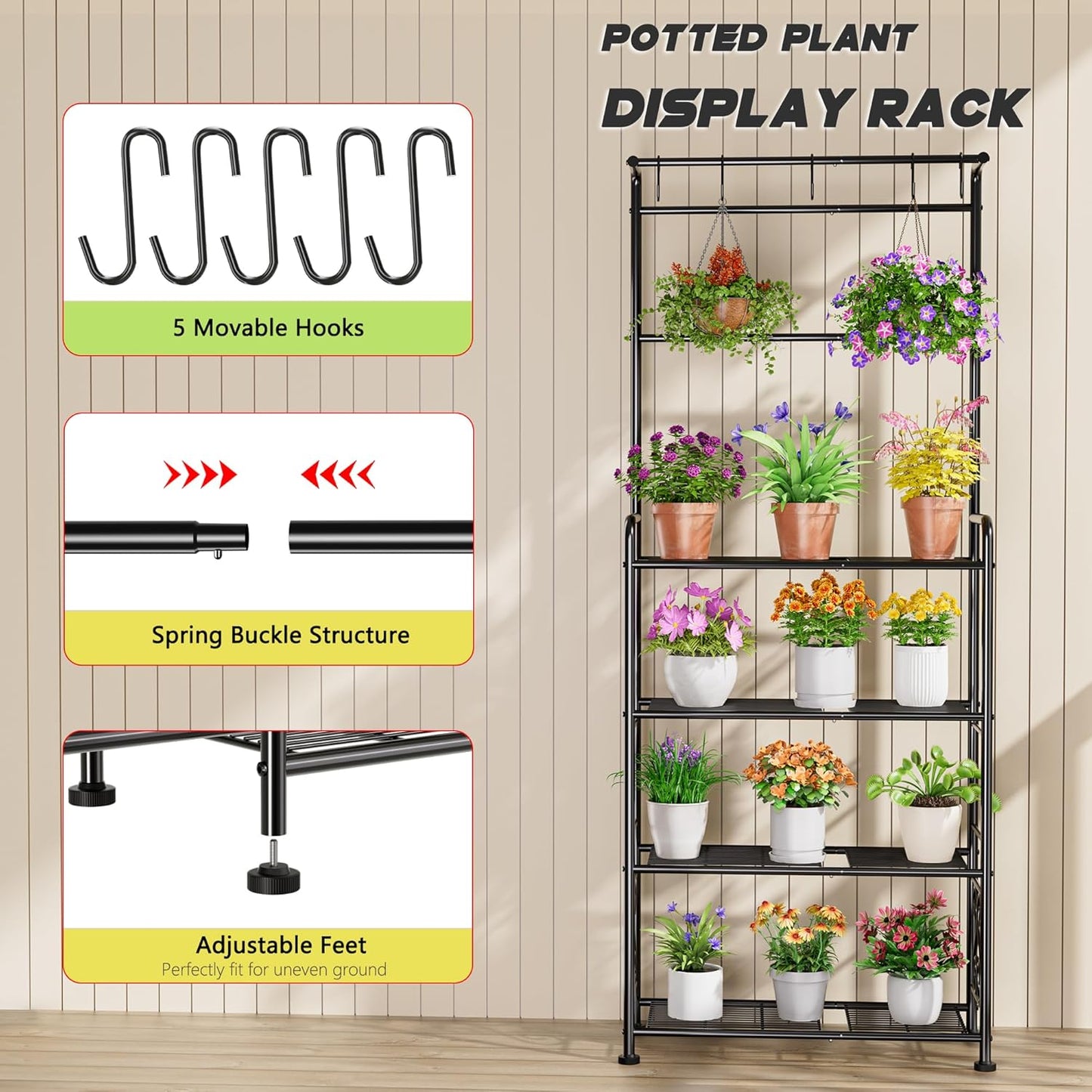 Plant Stand Indoor Outdoor Heavy Duty Metal - 68.4" Tall 4-Tier Shelf for Multiple Plants, Flowers, Rustproof Black Storage Rack for Patio, Balcony, Living Room, Garden, Includes Hooks&Adjustable Feet