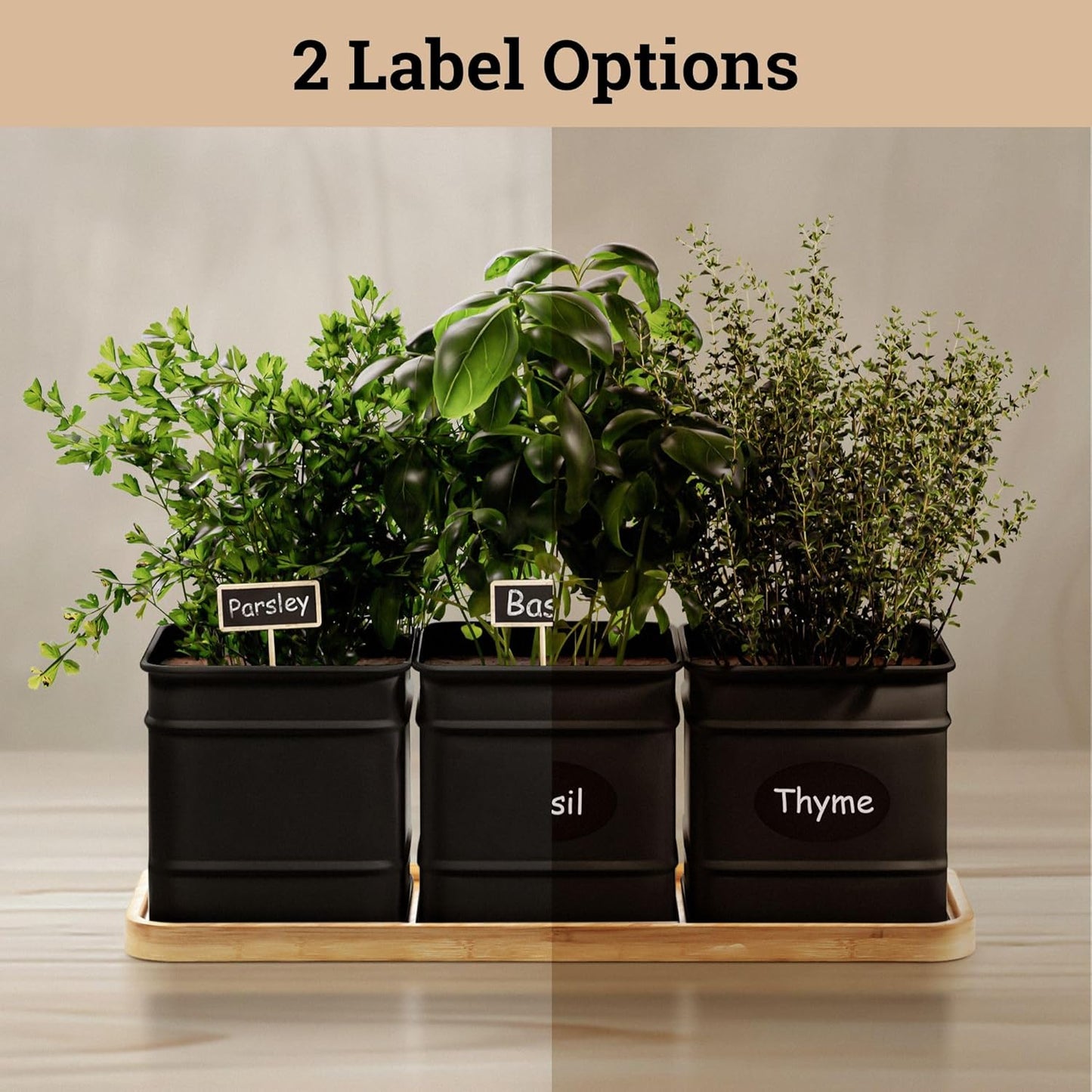 Herb Planter Indoor - 3 Iron Herb Pots with Drainage Holes, Varnished Bamboo Tray, Customizable Labels & Marker Pen - Indoor Herb Garden Planter - 3 Pots for Herbs - Inside Spice Garden - Basil Pot