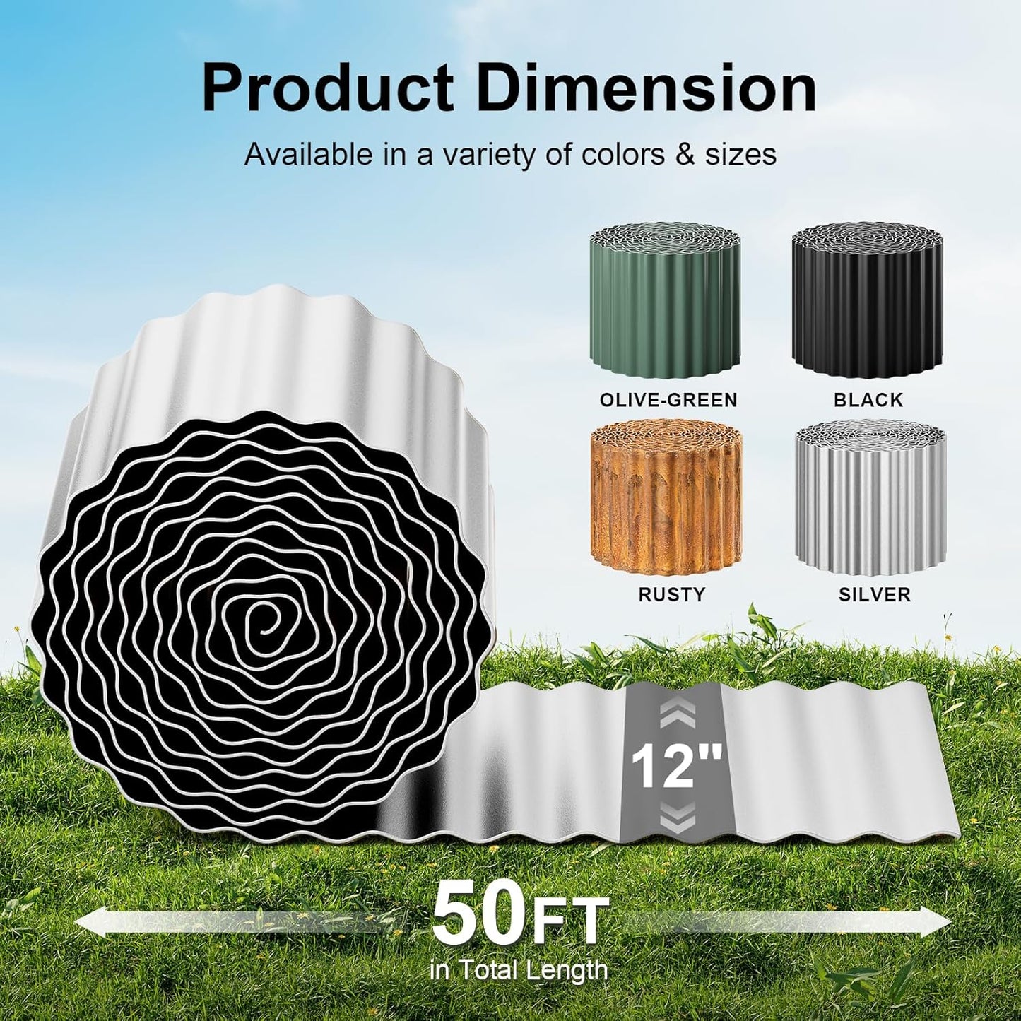 Land Guard Corrugated Garden Edging Border,12" x 50' Landscape Paver Edging, Tall Landscape Edging, Fence for Garden, Flower Bed, Lawn and Landscape Edging (Silver)