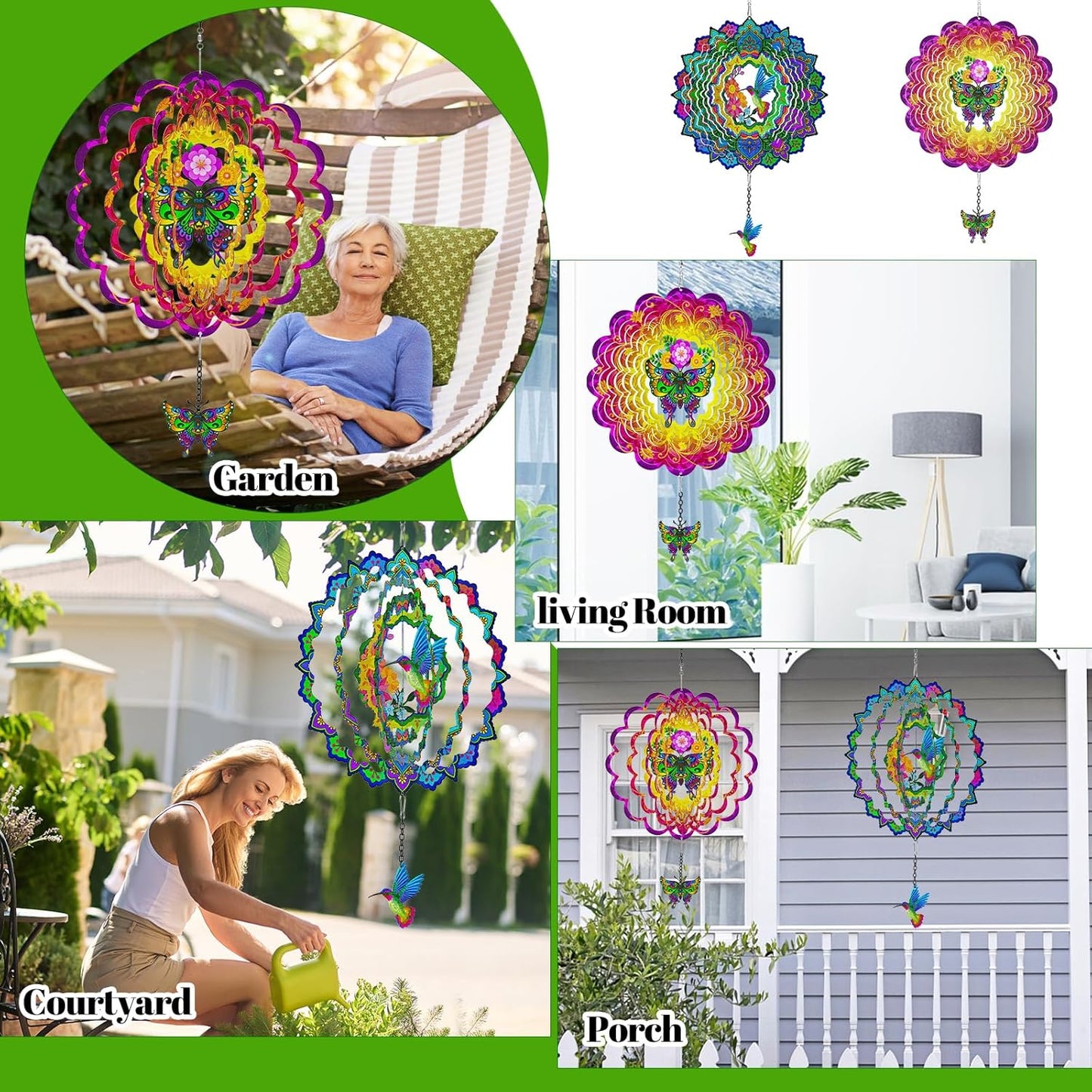 Hummingbird Wind Spinners, 12In Hanging Wind Spinner for Women Mom Grandma, 3D Stainless Steel Laser Cut Wind Sculptures Catcher for Window Outdoor Garden Yard Decor(Colorful)