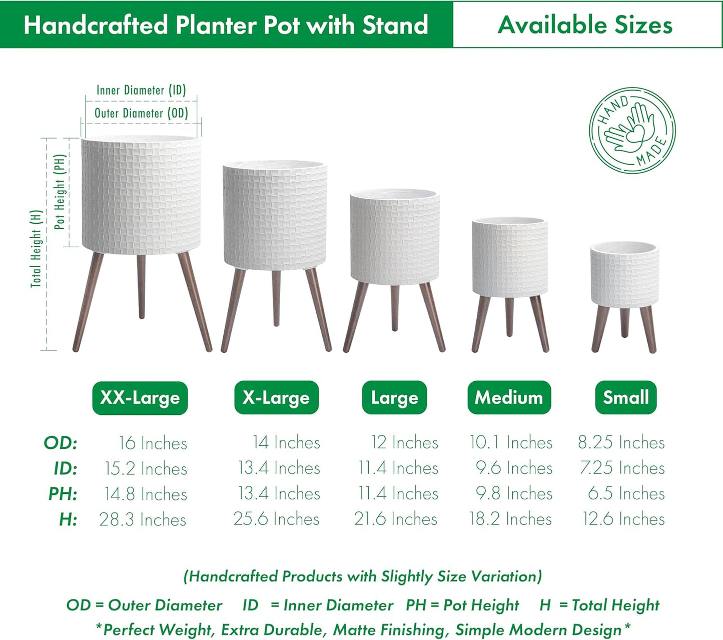 D'vine Dev 16 Inch Modern Geometric Tile Patterned Sleek Planter Pot with Stand, Indoor Outdoor Decorative Plant Holder, Matte White, 88-Z-E-1