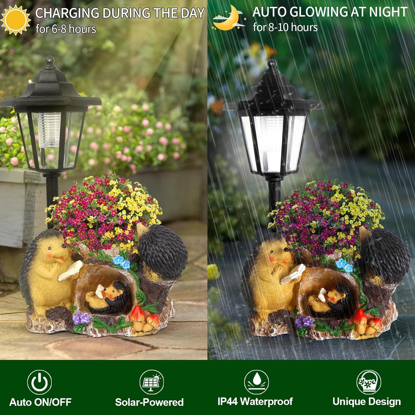 Solar Garden Statue Hedgehog Figurine,Flower Pots Planters Pots for Succulent,Garden Sculpture for Patio Balcony Yard Lawn Decor,Unique Gift for Dad Mom Grandma