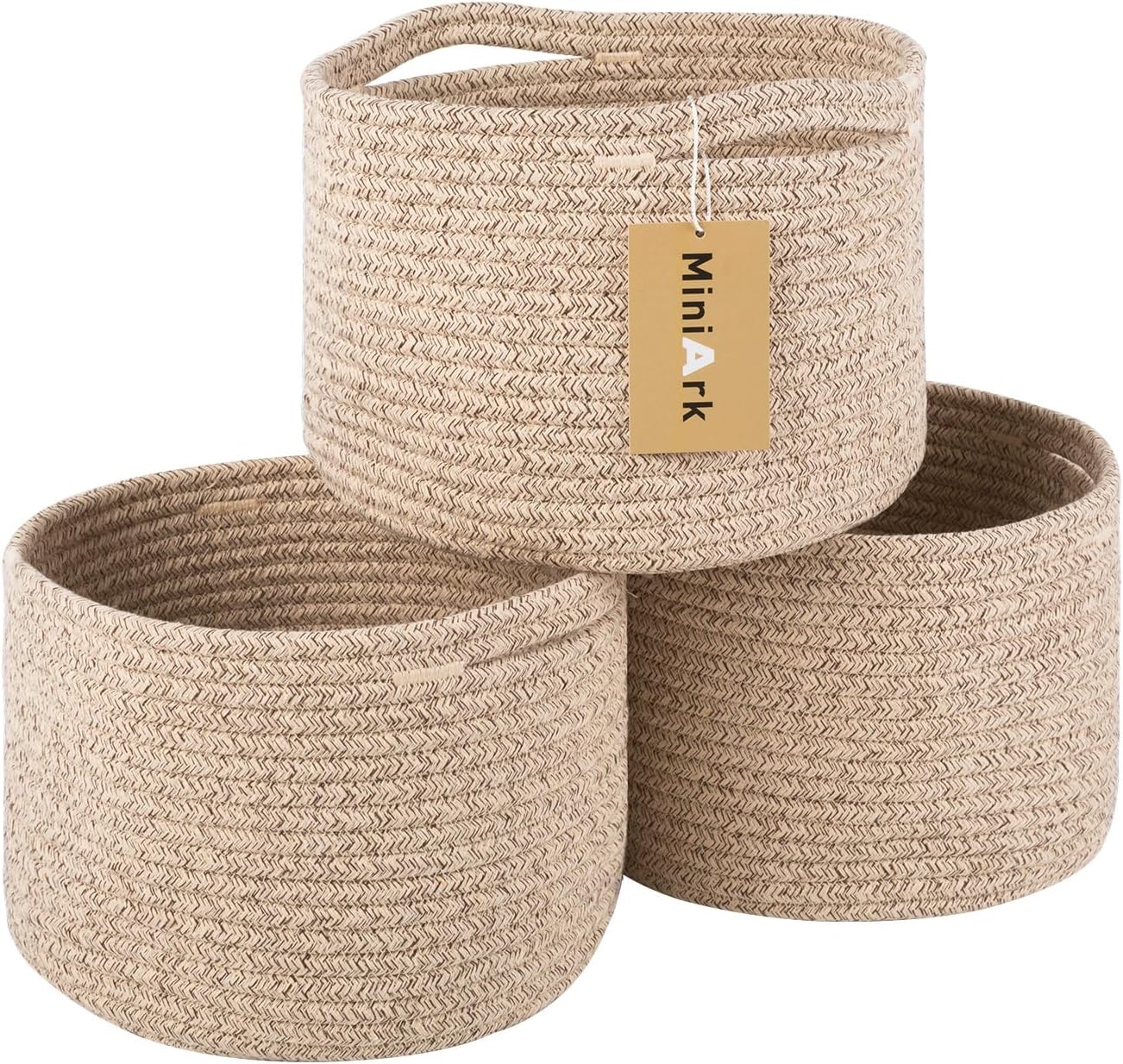 Small Basket for Organizing | Cube Shelf Closet Storage Baskets | 9.7×9.7×7.1” | Woven Rope Gift Basket | Nursery | Round 3 Packs Mixed Brown