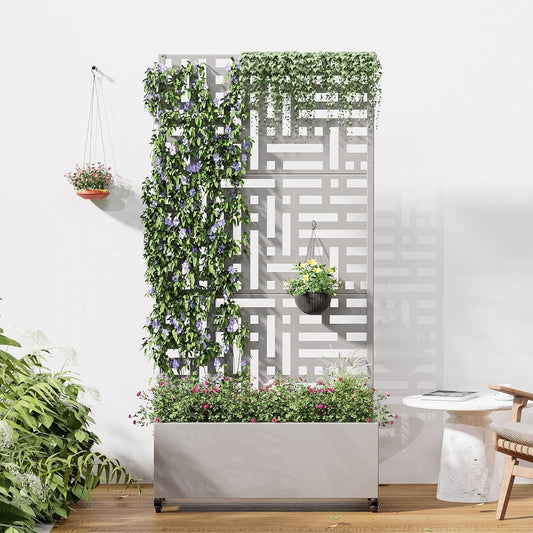 Casaphoria Metal Raised Garden Bed with Trellis and Wheels, 72"x35"x16" Planter Box for Climbing Plants, Vegetables & Vines, Features Drainage Holes and Privacy Screen (Grey-Helen)