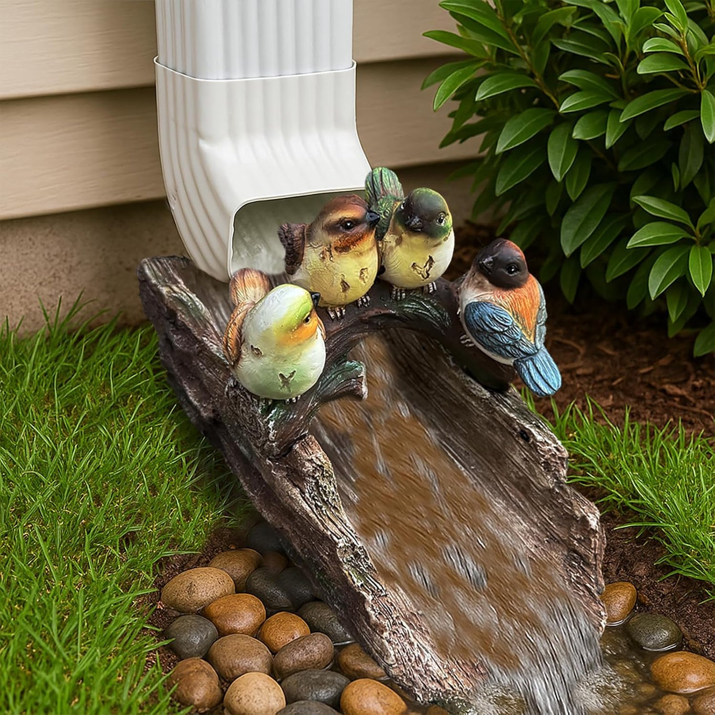 Bird Splash Block - Decorative Resin Gutter Downspout Diverter, 11” x 6.1” x 6.9”, Durable Water Flow Protector for Yard, Garden & Patio, Functional Outdoor Four Birds Statue for Rainwater Drainage