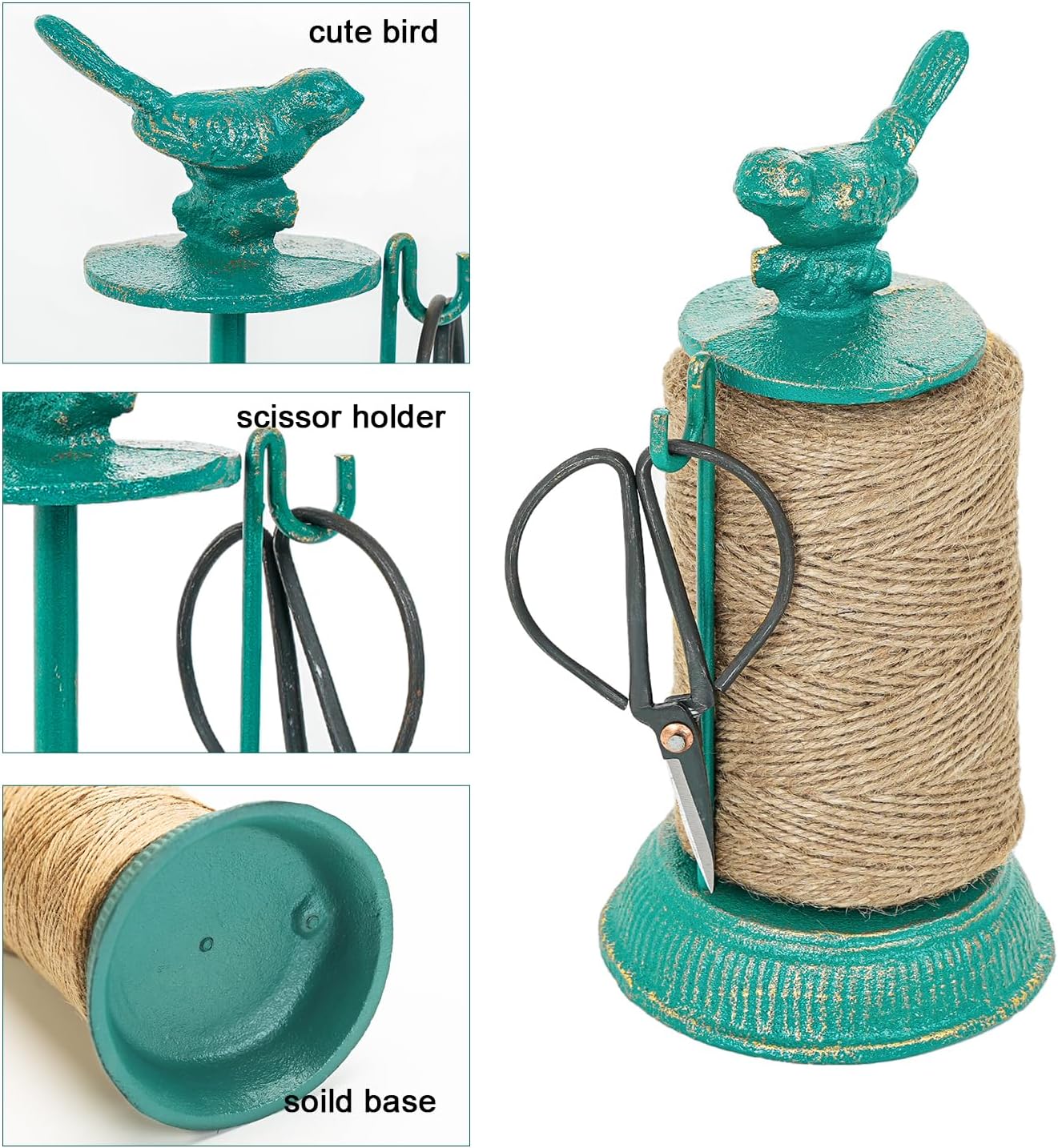 Sungmor Cast Iron Garden Twine Holder Set - 1300ft. Natural Jute Twine String & Rope Rack & Scissors - Decorative & Practical Home Arts Crafts Tools for Picture Display Gift Wrapping Packing Gardening