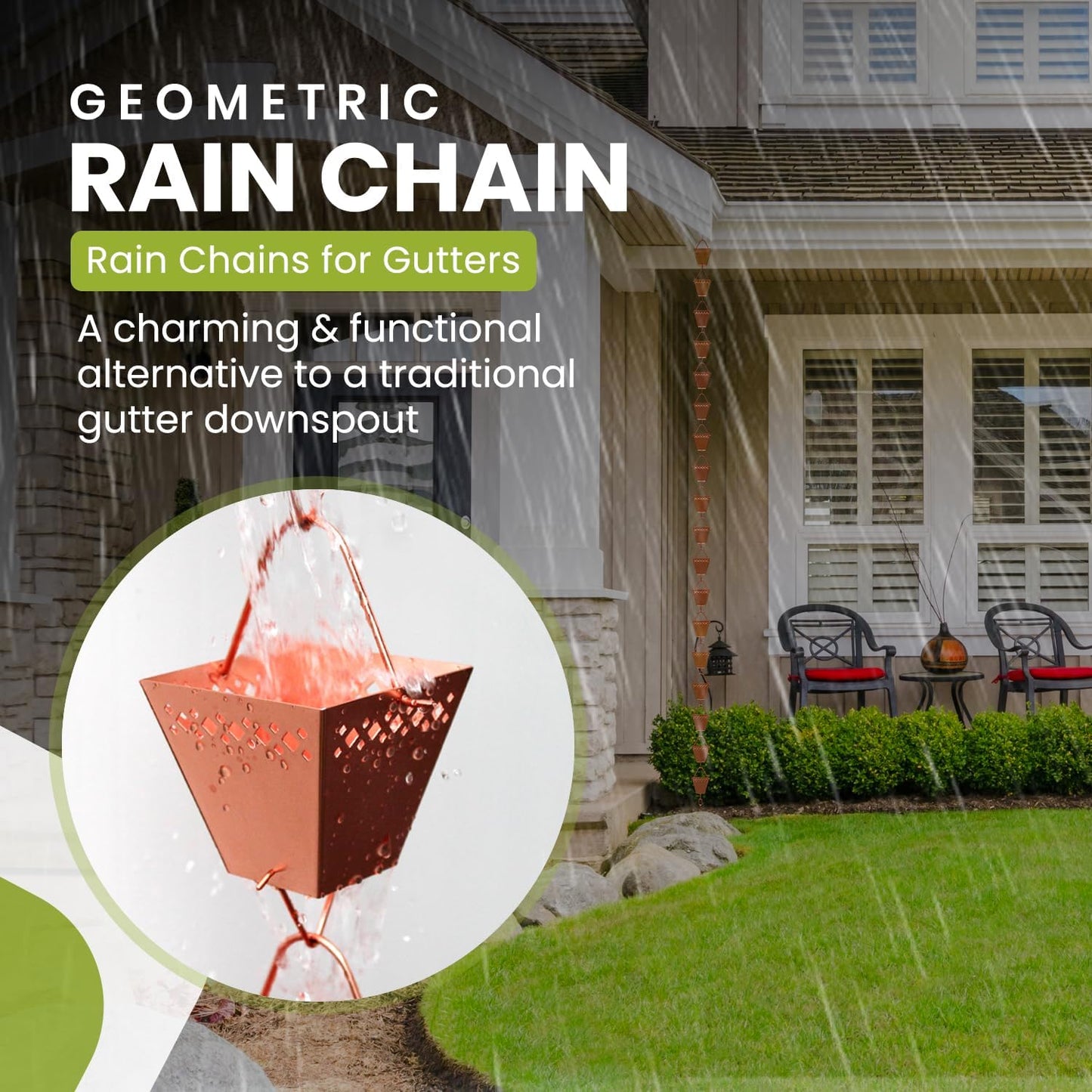 Rain Chain Kit w/Adapter & Extension | Copper Rain Chains for Gutters 10 ft | Rain Chain | Gutter Chain Downspout | Rain Chains for Outside | Rain Catcher | Rain Chimes