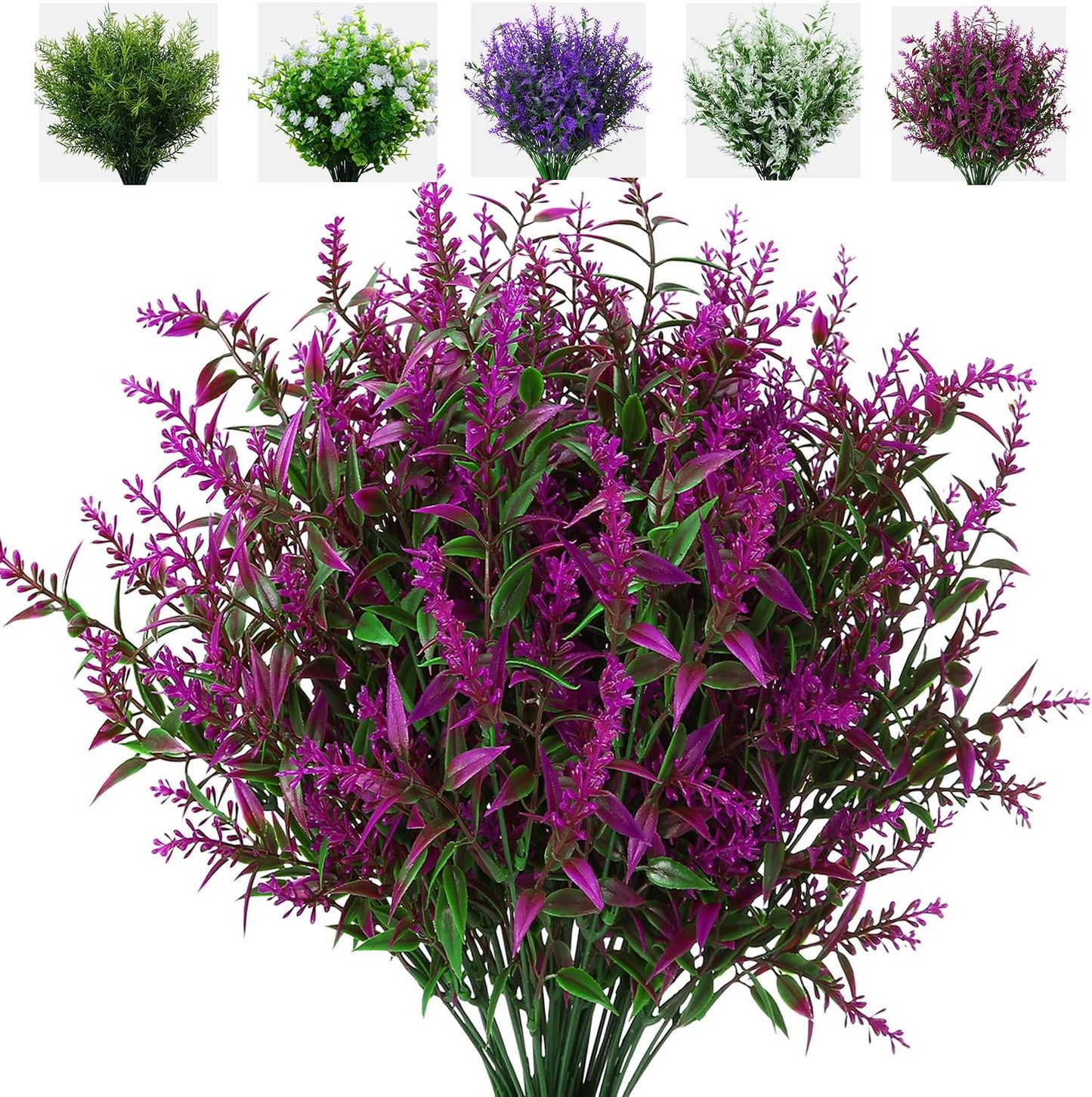 8 Pack Artificial Plants Flowers Grass Shrubs Lavender No Fade Faux Plastic Flowers Outdoor for Farmhouse Garden Porch Patio Indoor Wedding Decoration Greenery Fake Plants uv Resistant