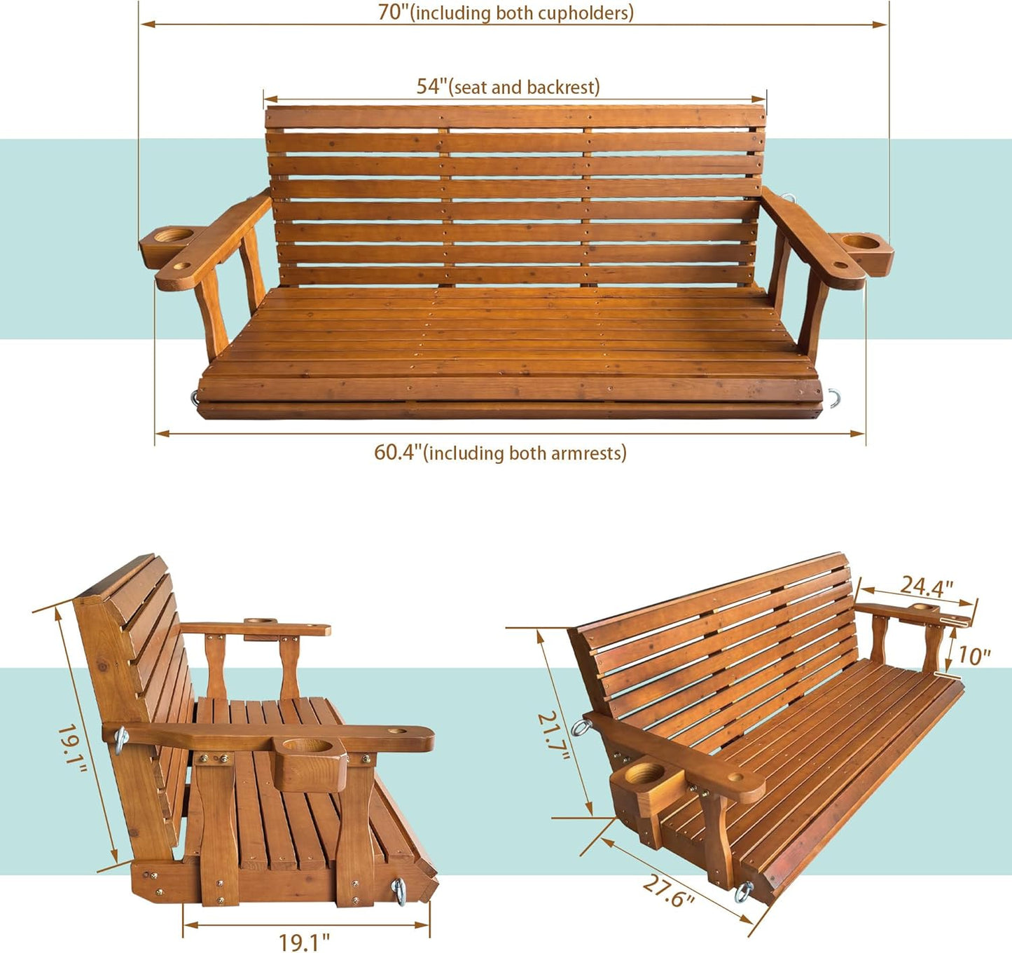 Wooden Porch Swing 2-Seater, Bench Swing with Cupholders, Hanging Chains and 7mm Springs, Heavy Duty 800 LBS, for Outdoor Patio Garden (Warm Teak Color, 5 FT Extra Large)