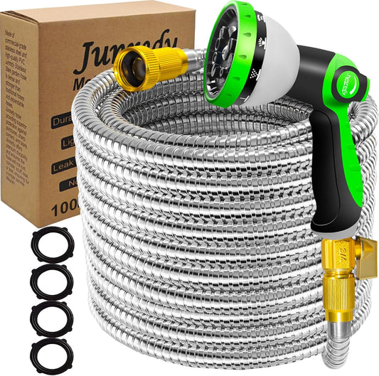 100FT Stainless Steel Garden Hose, Heavy Duty Flexible Metal Water Hose with 10-Function Nozzle, Lightweight & No-Kink Garden Hose, Durable Solid Fittings for Lawn, Car, RV, Outdoor Watering