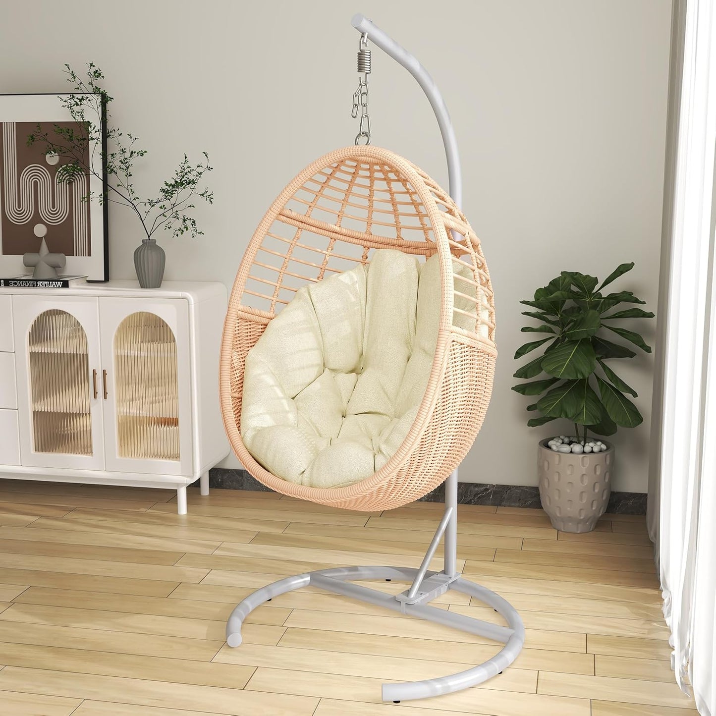 TWT Egg Swing Chair with Stand Rattan Wicker Hanging Egg Chair for Indoor Outdoor Bedroom Backyard Hammock Egg Chair with Metal Frame and UV Resistant Cushion 330lbs Capacity-Pink
