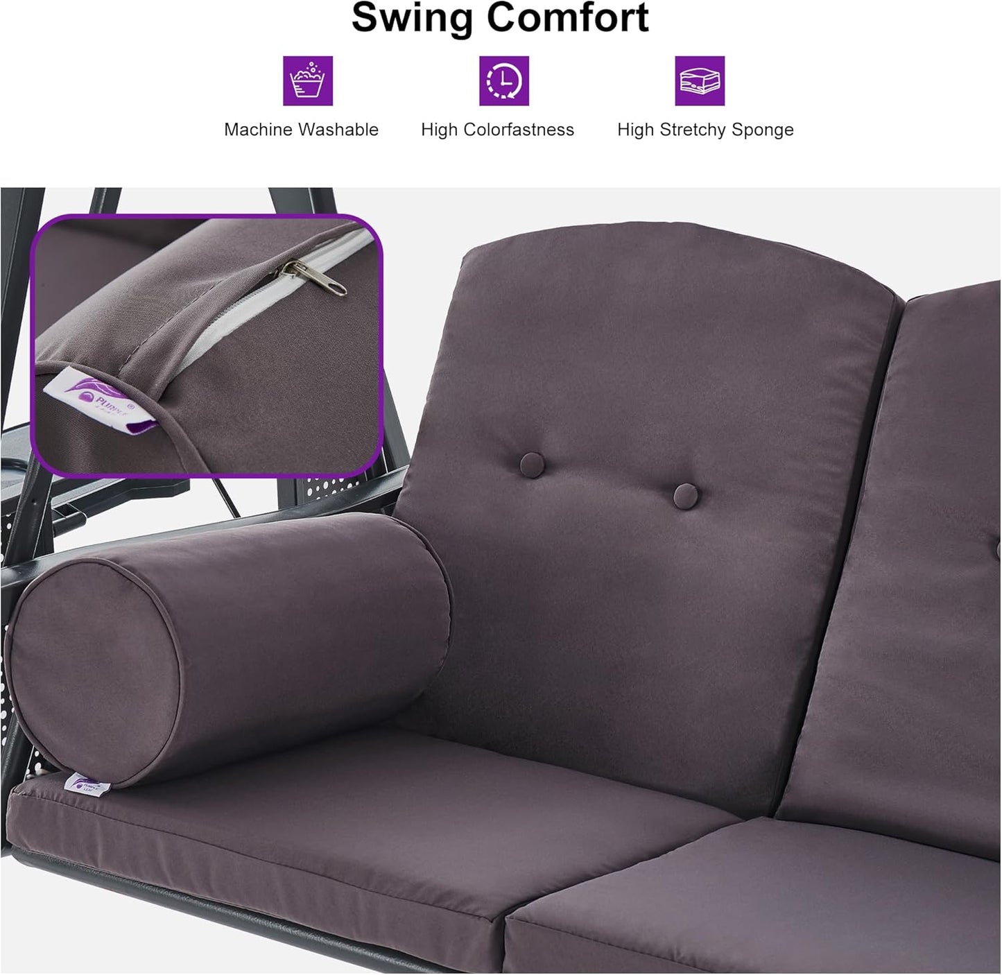 PURPLE LEAF Outdoor Patio Porch Swing with Adjustable PVC Canopy, 3-seat Swing Chair Bench with Side Cup Holder for Backyard Front Porch Lawn, Cushions and Pillow Included, Grey