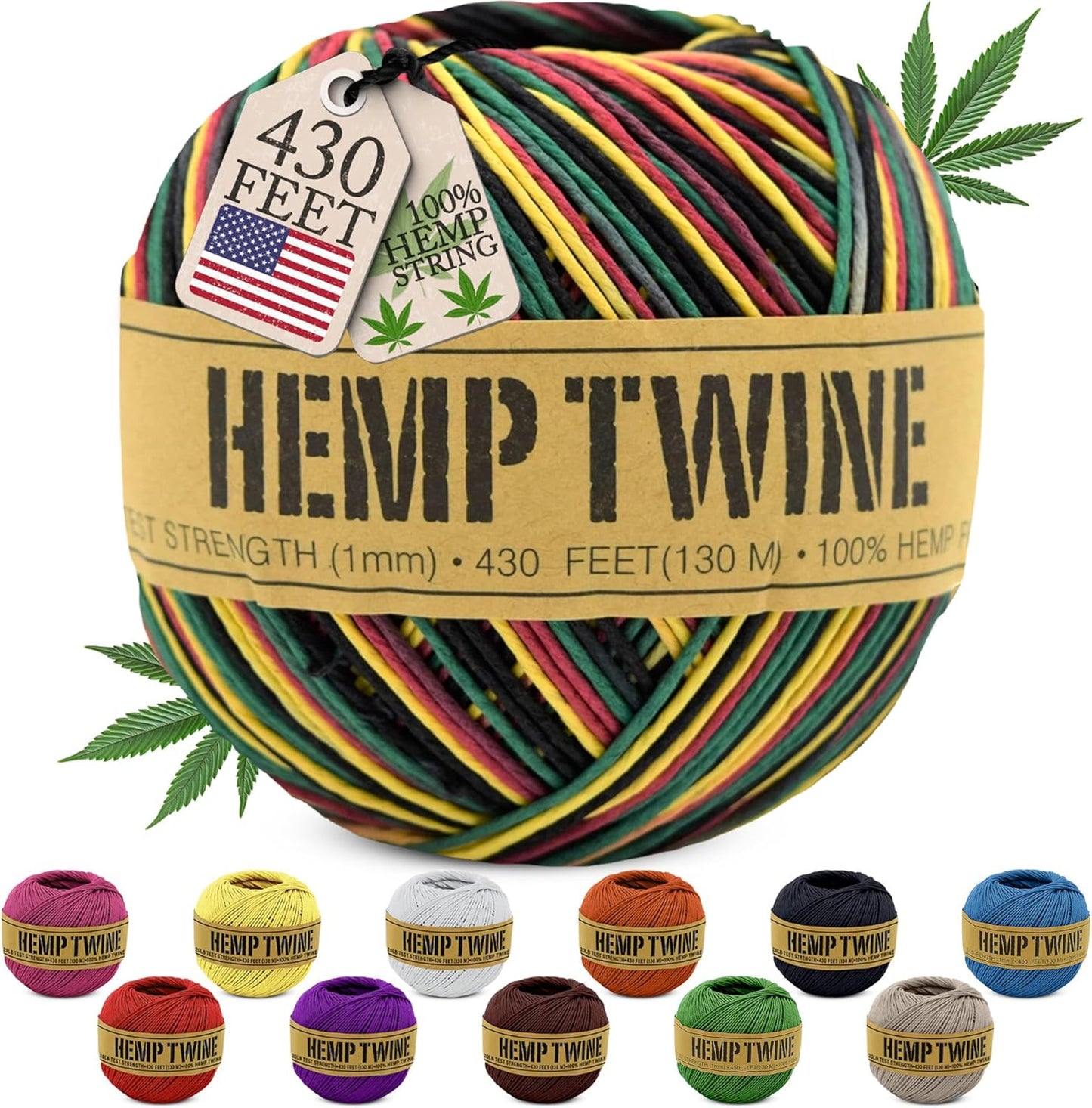 Hemp Twine for Gardening - Twine for Crafts - Organic Natural Hemp String for Jewelry Making - Strong Durable Cord for Decoration, Macrame + Cooking - 1MM, 100G/430 Ft. - 20 lb. Test Strength - Rasta