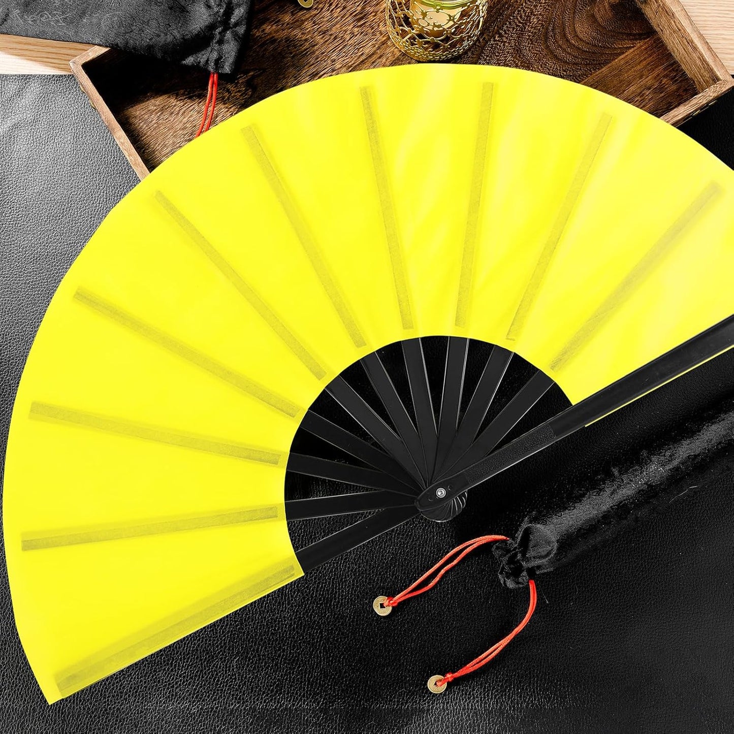 Maitys 2 Packs Large Clap Fans for Line Dancing Large Chinese Folding Hand Fans for Men and Women, Festival, Tai Ji, Kungfu, Martial Art, Gifts (Yellow)