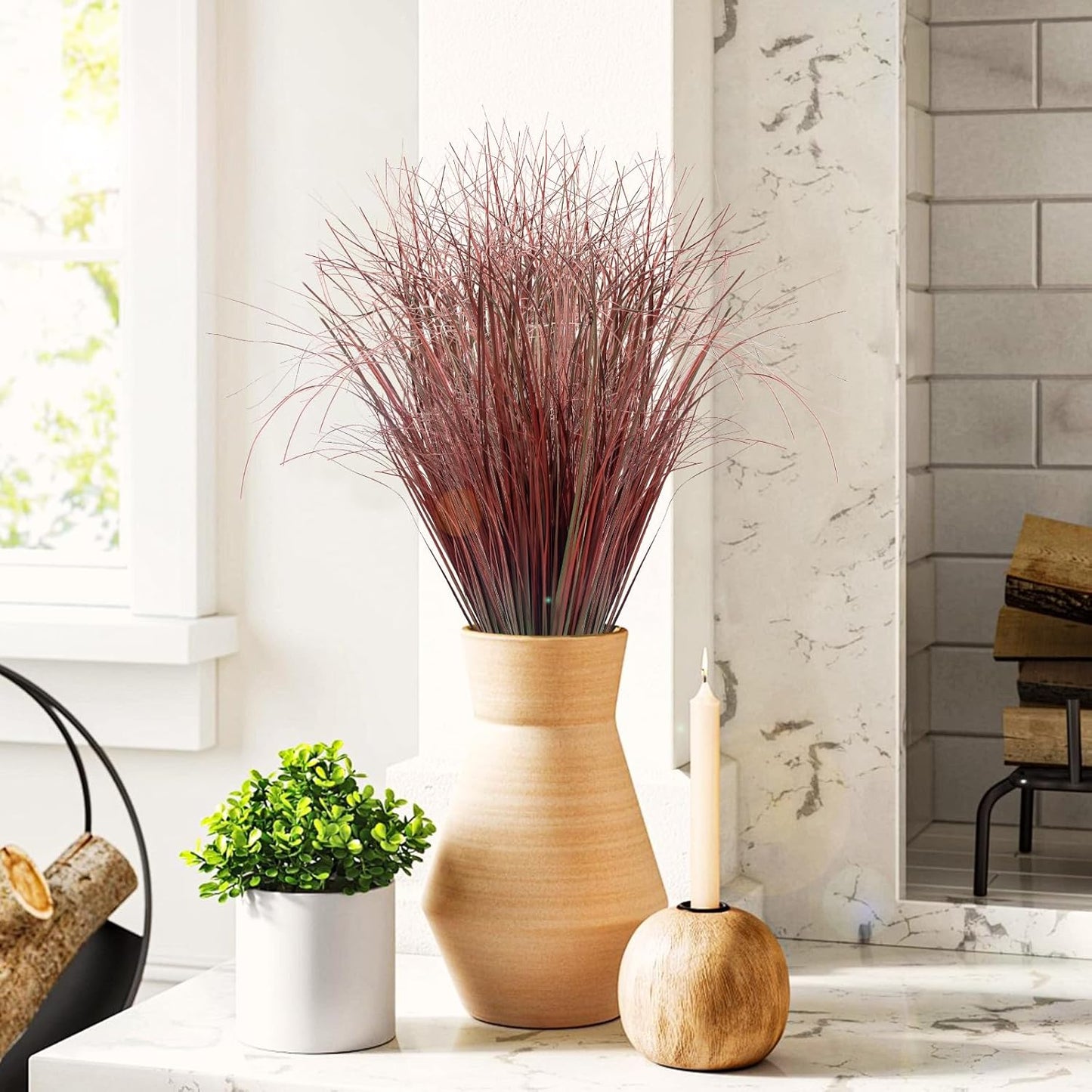 24Pcs Artificial Grass Plants, Faux Shrubs Wheat Grass, Artificial Tall Grasses Fake Plants for Outdoor Decor,Artificial Greenery Stems Weed for Room Indoor Home Decor（Red）