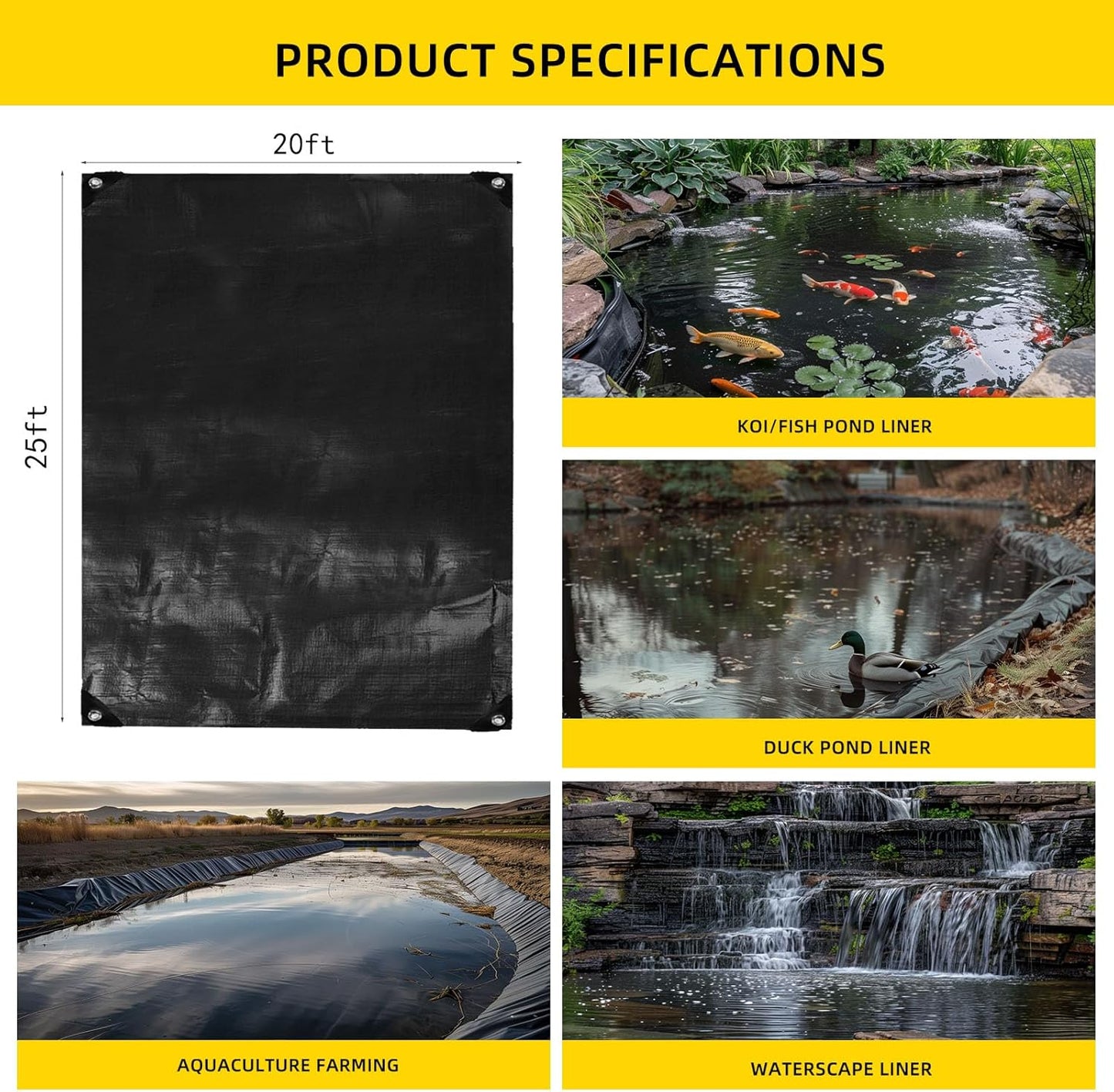 TEZONG Pond Liner,20x25Ft Pond Liners for Outdoor,28Mil PE Black Koi Fish Pond Liner,Reinforced Pond Underlayment for Water Garden,Waterfall,Fountain