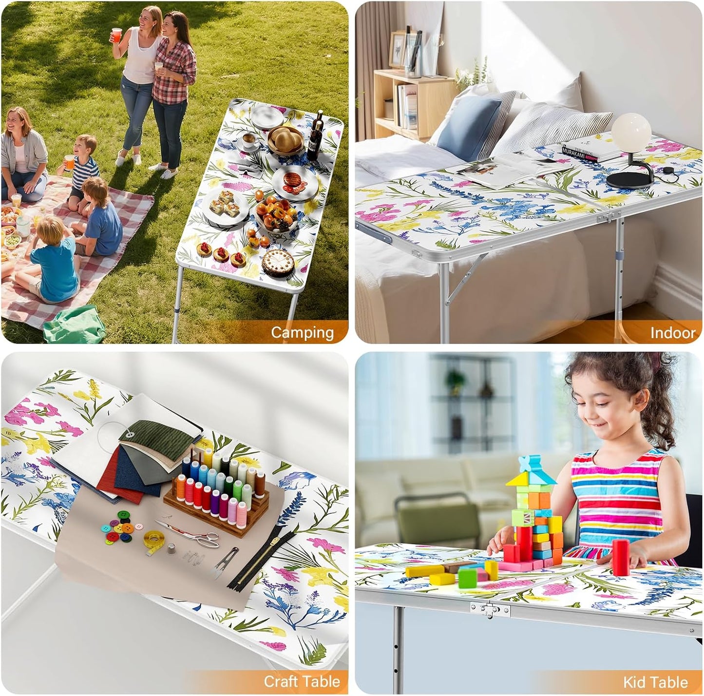 VINGLI 4FT White Folding Table with Carrying Handle Height Adjustable Lightweight Fold Up Portable for Indoor Outdoor Picnic,Camping,Hiking,Fishing,BBQ …