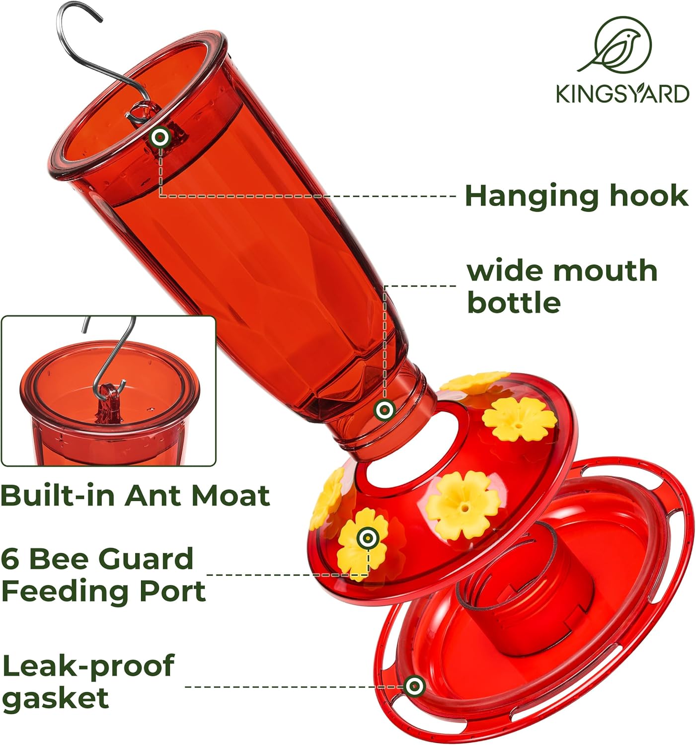 Kingsyard Hummingbird Feeder for Outdoors Hanging - 6 Bee Guard Feeding Ports & Built-in Ant Moat, Wild Bird Feeder for Outside Garden Yard Patio 16 Oz, Red