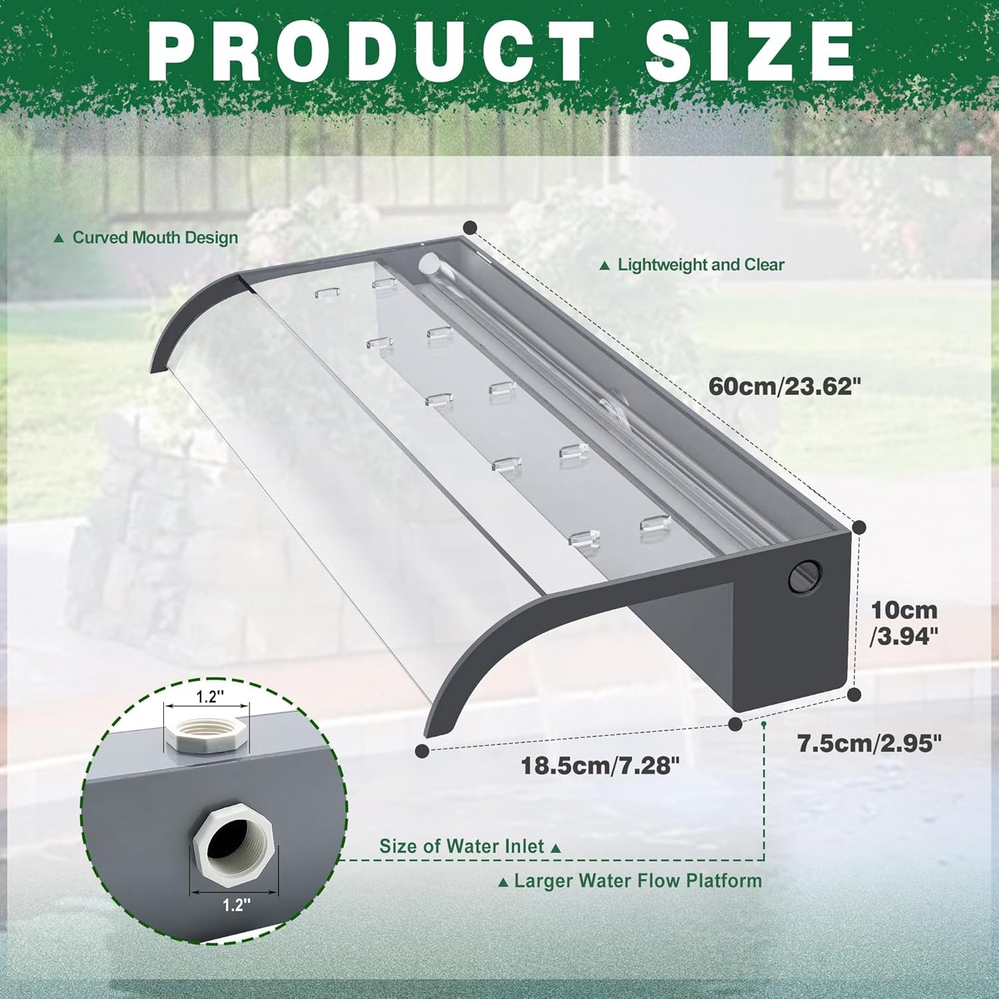 Pool Fountain, LONGRUN Waterfall Spillway for Koi Ponds - 23.6" Transparent Acrylic Waterfall Multi-Color LED Lights for Swimming Pool, Garden Pond, Patios, Spa Decoration