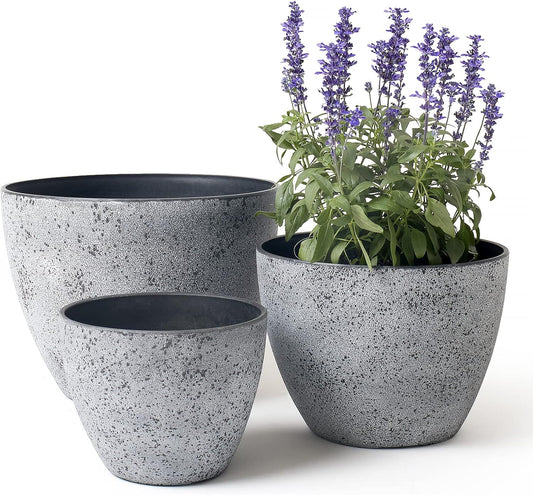 LA JOLIE MUSE 14.2/11.3/8.6 Inch Planters,Set of 3 Indoor/Outdoor Round Planters,Grey Tree Planters,Plant Container with Drain Holes,Flower Pots for Patio and Deck