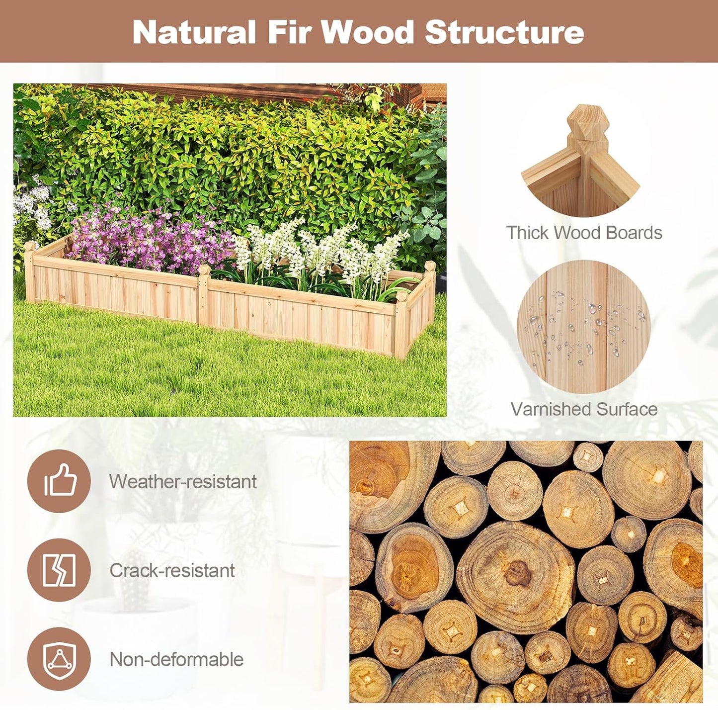 Giantex Wood Raised Garden Bed, Planting Bed with Corner Drainage, Non-Woven Liner for Growing Vegetables, Flowers, Herbs, Fruits, 89”x23.5”x16” Divisible Planter Box for Backyard, Garden, Lawn