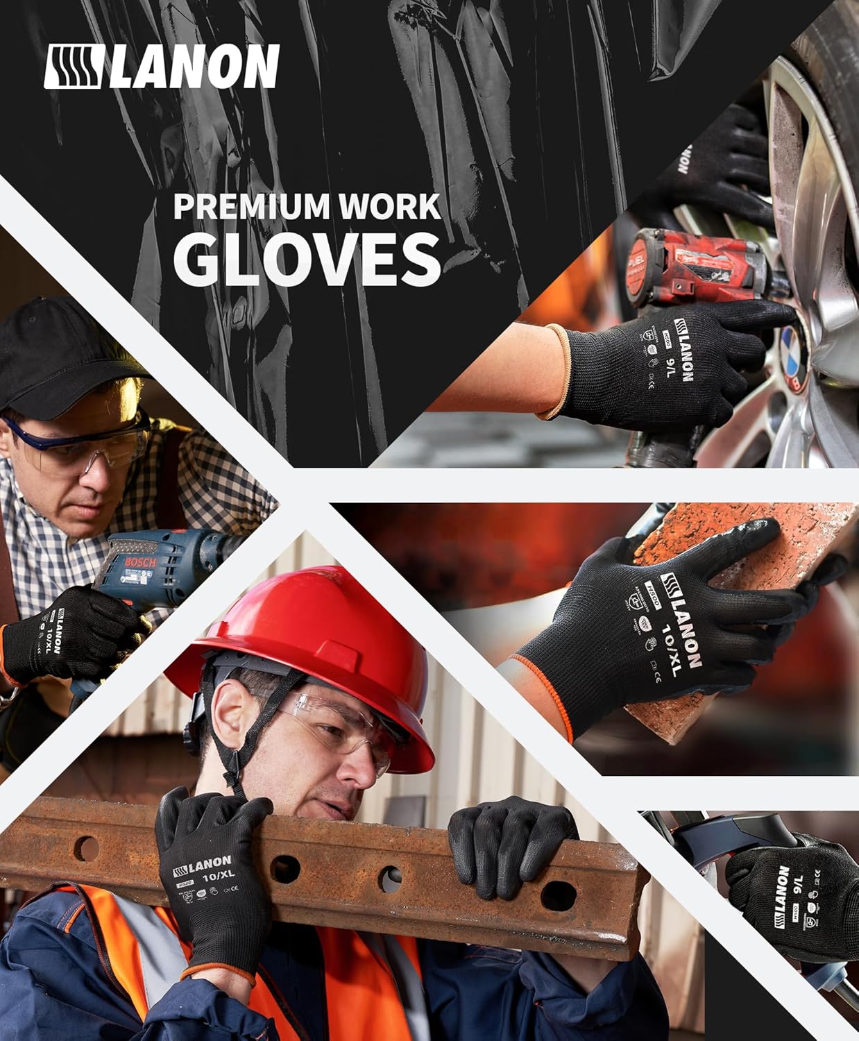 LANON Safety Work Gloves for Men and Women, 18 Pairs Mechanic Black Working Gloves with Grip Odorless PU Coated, Seamless Knit, Full Fingertip Touchscreen for Light Duty Working Gloves, XXL