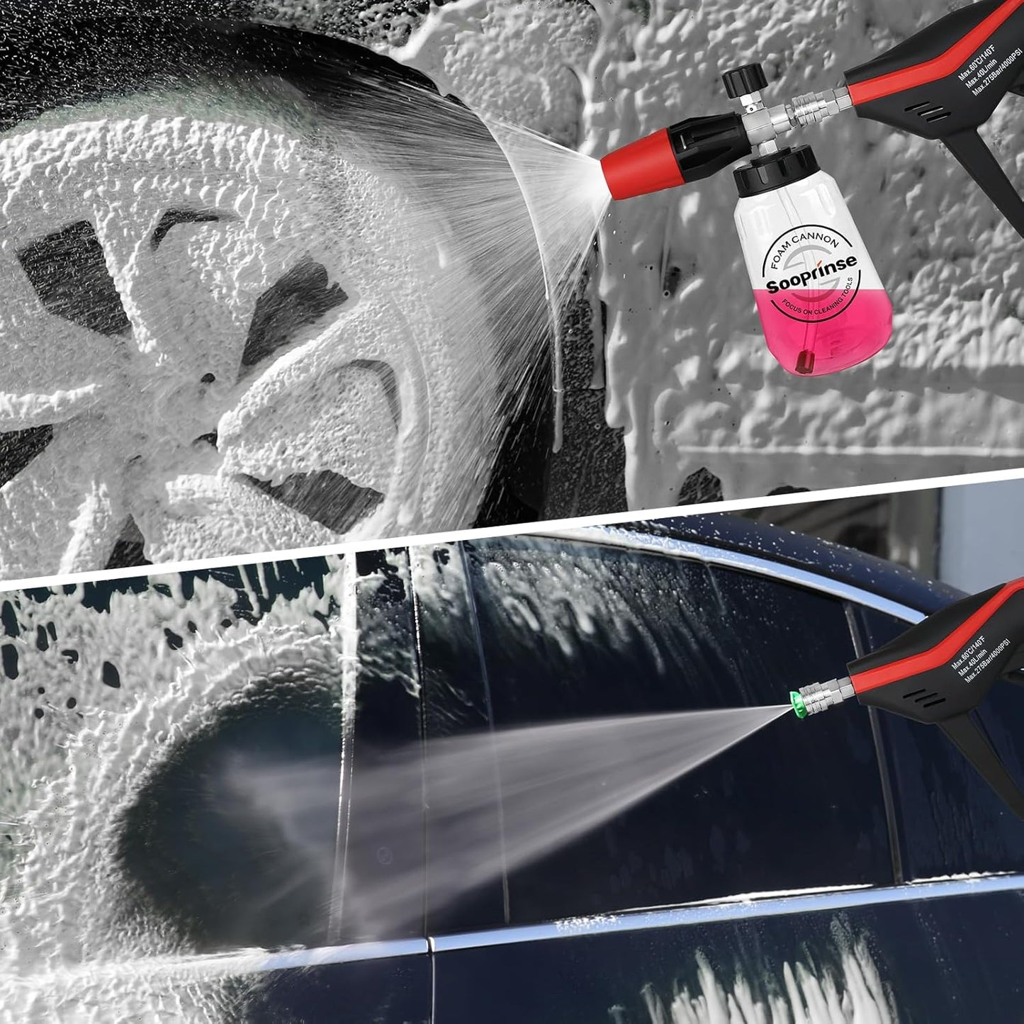 Sooprinse Short Pressure Washer Gun with Foam Cannon, Foam Cannon for Pressure Washer, 1/4 Inch Quick Connector, 5 Nozzle Tips with Car Wash Mitt, 1 Liter