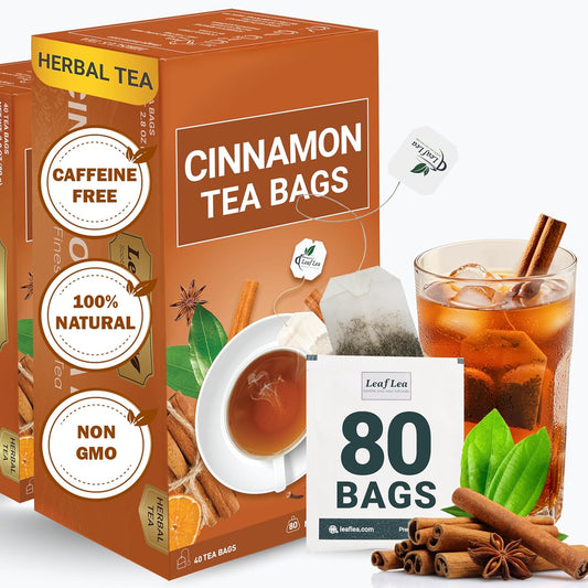 LeafLea Cinnamon Tea Bags, 80 Count (2-Pack), 100% Natural Ground Cinnamon Stick Herbal Tea, Spiced and Warming Flavor for Relaxation, Caffeine-Free, Sugar-Free, Vegan