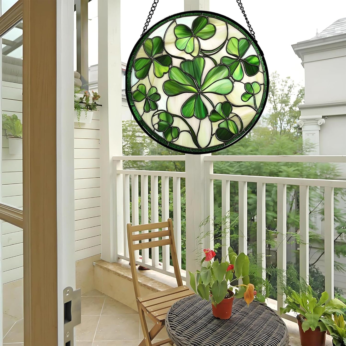 Stained Glass Window Hanging - Green Clover Flowers Suncatcher for Doors Garden St. Patrick's Day Plant Floral Sun Catchers Decor Mother's Day Birthday Gifts for Women Men Mom Nana 7.8 in
