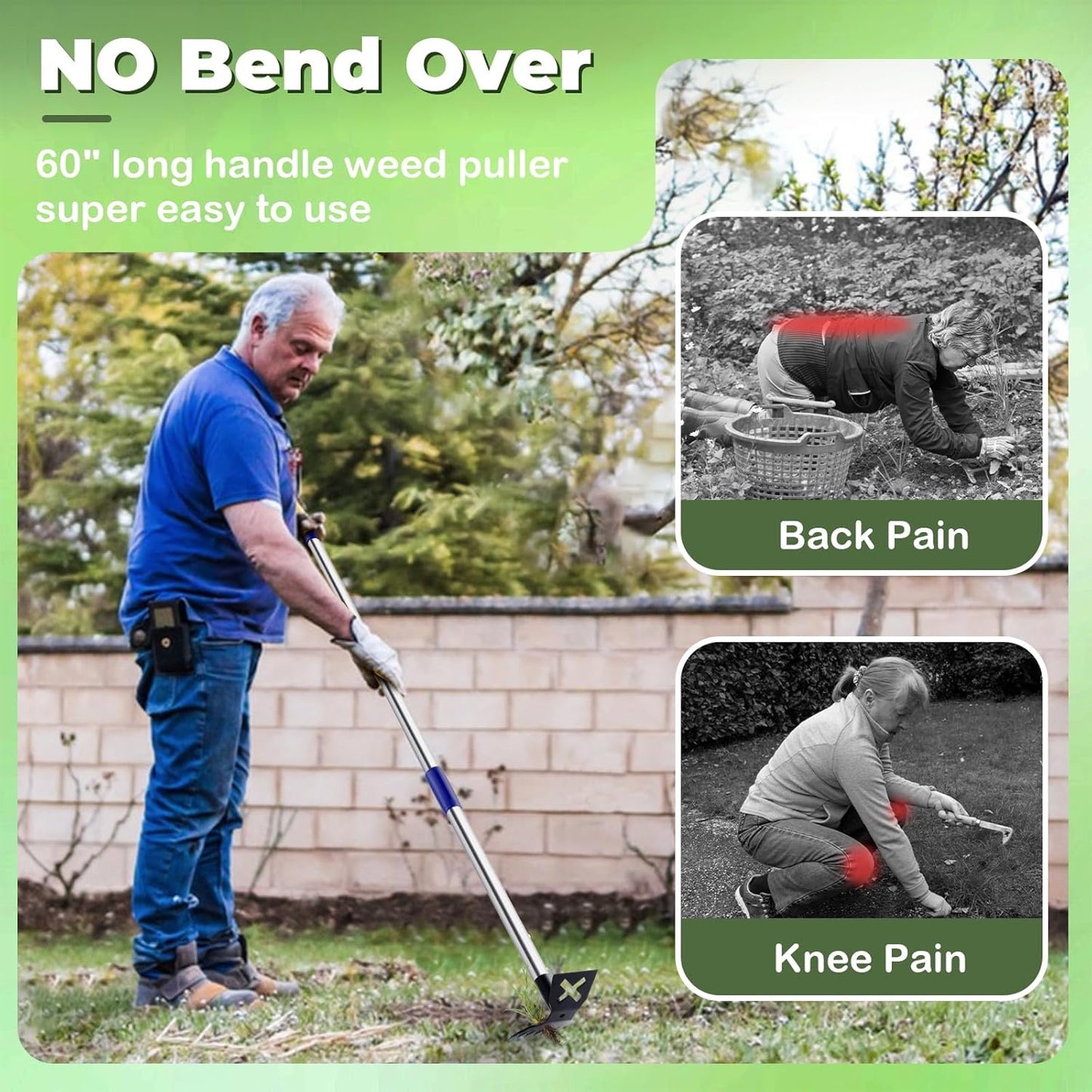 Weed Puller Tool with Long Handle, 60'' Weed Remover Weeding Tool, Heavy Duty 2 in 1 Manual Weed Rake and Garden Hoe, Gardening Weeder Tools for Yard, Lawn, Patio, Garden Blue