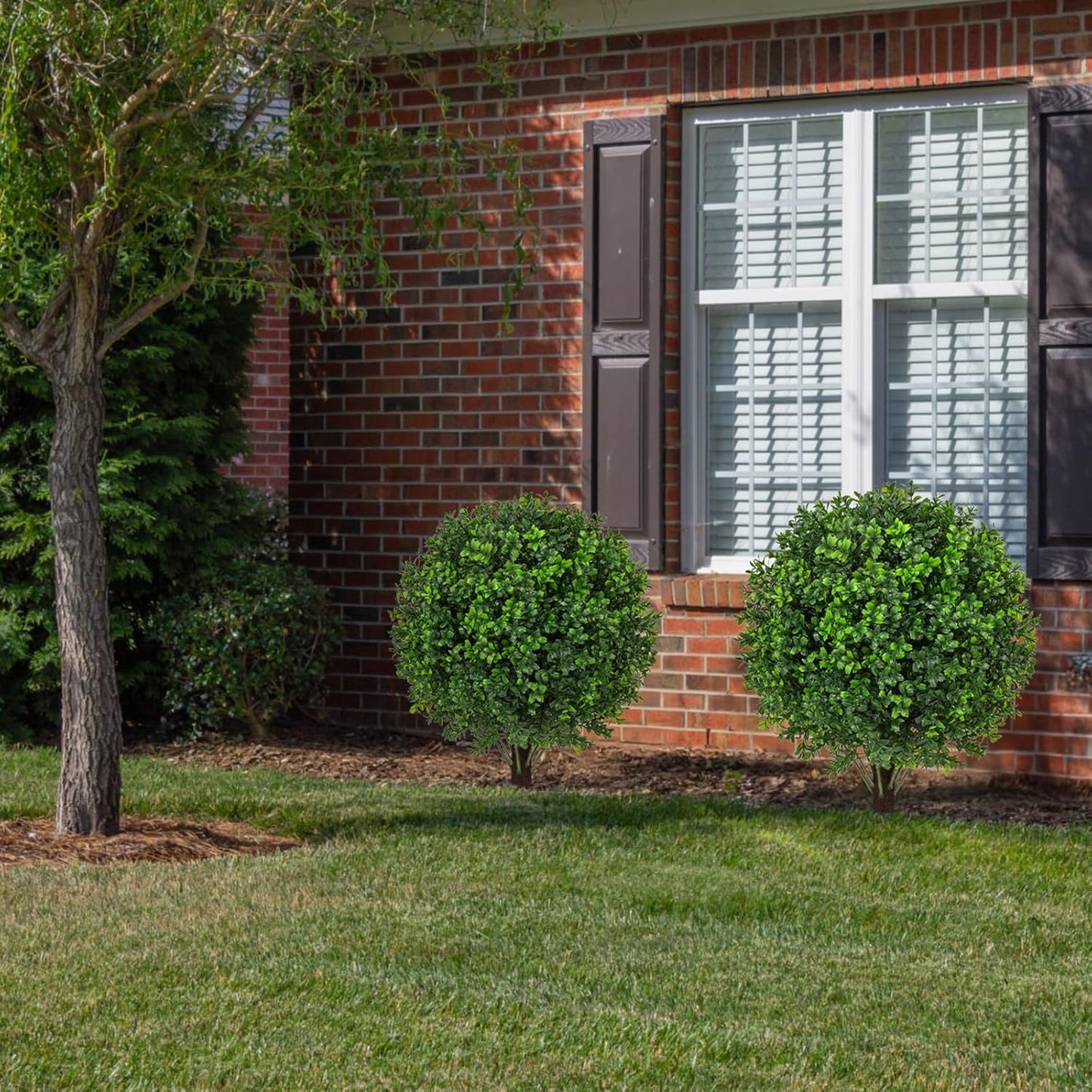 22" Artificial Boxwood Topiary Ball Trees with Ground Spike Set of 2 - UV Resistant Faux Green Shrubs & Bushes Potted Plants for Outdoor Indoor Front Porch Garden