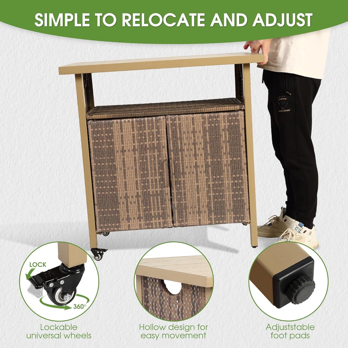 HOMEFUN Outdoor Bar Table with Storage Cabinet Patio Serving Carts on Wheels Wicker Grill Cart Prep Station Rolling Kitchen Island for Outside Backyard and Patio, Brown