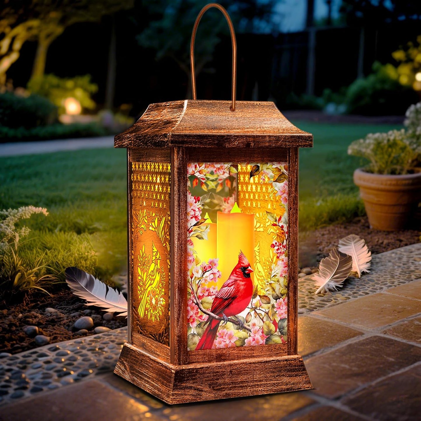 Cardinal Solar Lanterns Outdoor Hanging Lanterns, Metal Glass Garden Decor Solar Lights, Gifts for Women Mom Birthday Grandma Mothers Day, Waterproof Decorative Lantern for Outside Patio Yard