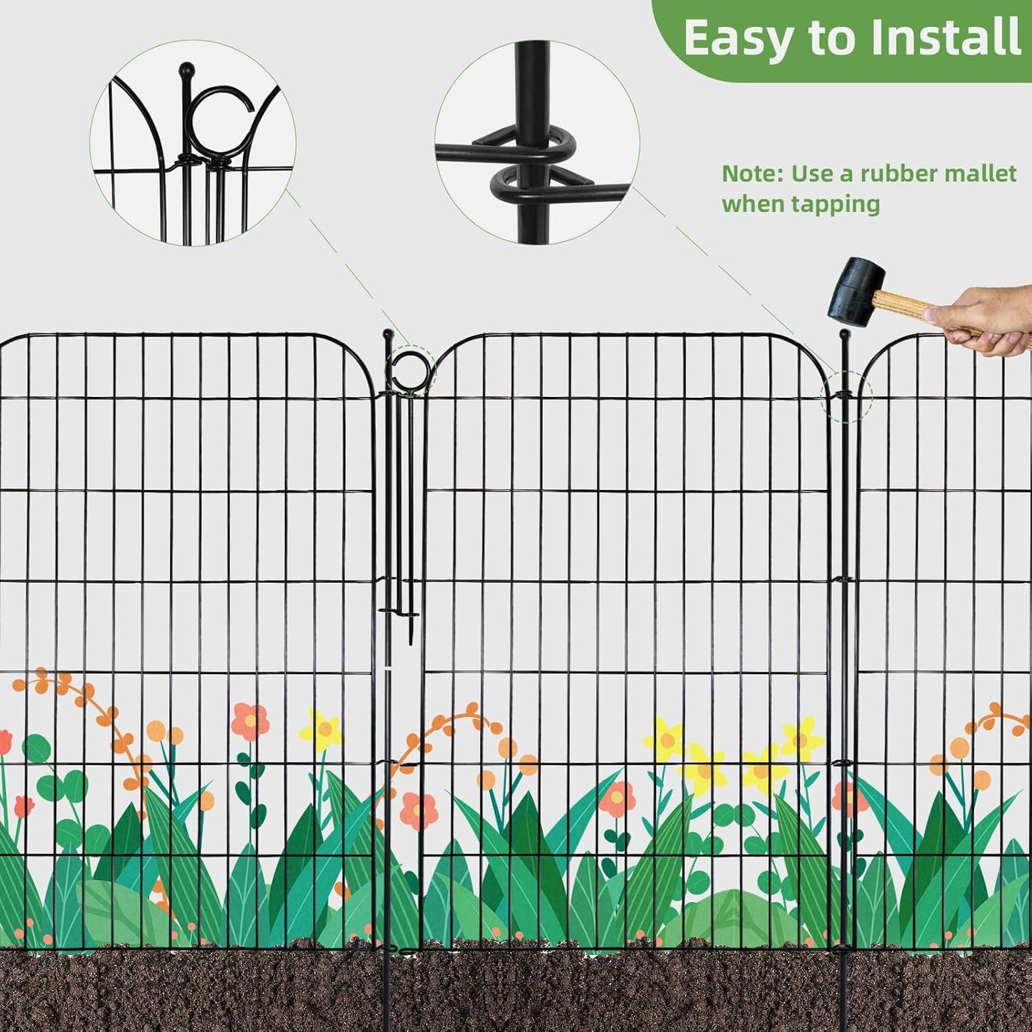 5 Panels No Dig Decorative Garden Fence with Gate for Yard, Total 11.8 ft(L) X 40 in(H) Animal Barrier Fencing for Dog, Patio Rustproof Metal Wire Panel Border, Temporary Tall Fence with Ground Stakes