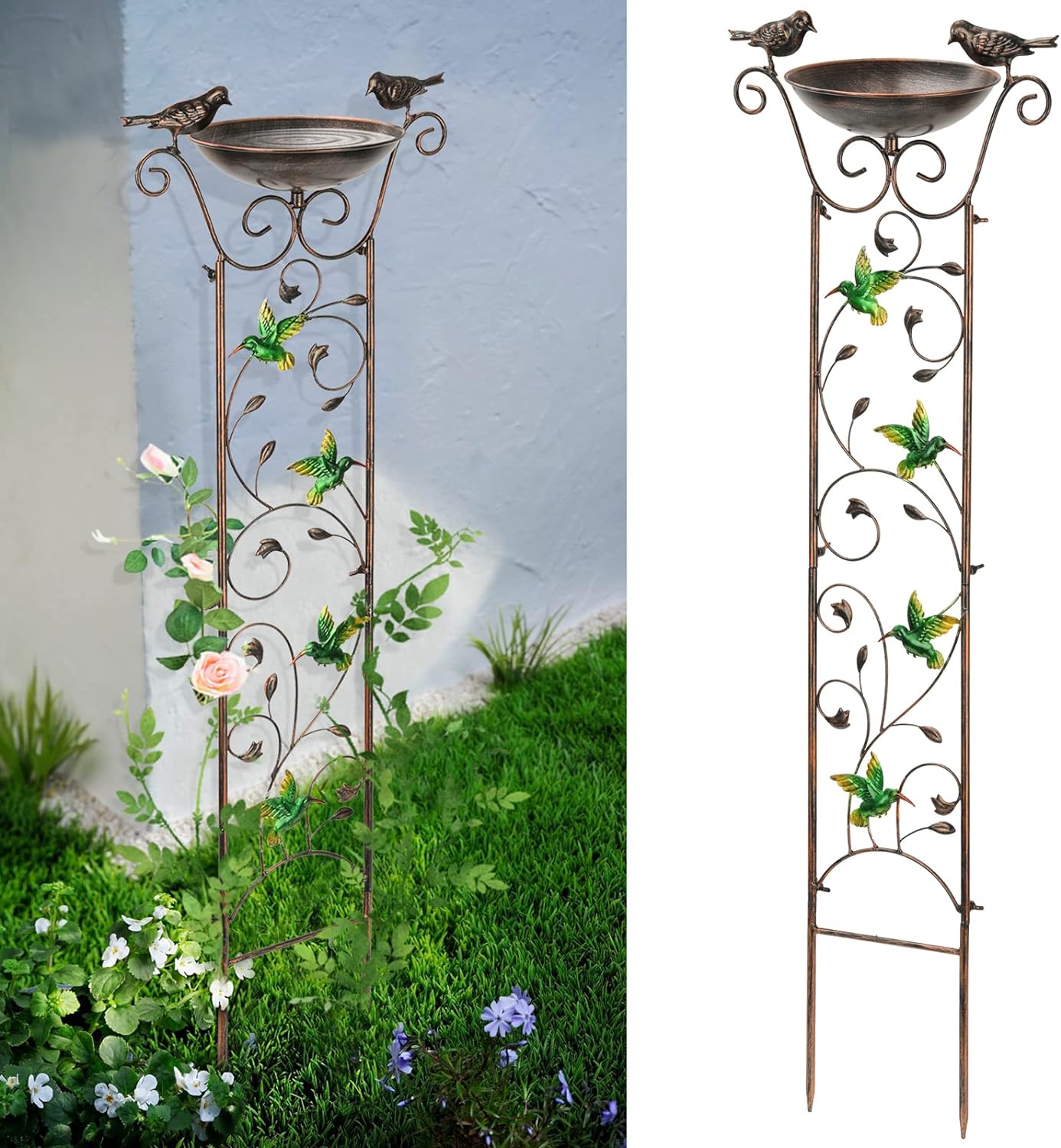 SUNNYPARK Antique Garden Iron Trellis with Decorative Hummingbirds Detachable Bird Bath Bowl Metal Potted Plant Support for Climbing Flowers